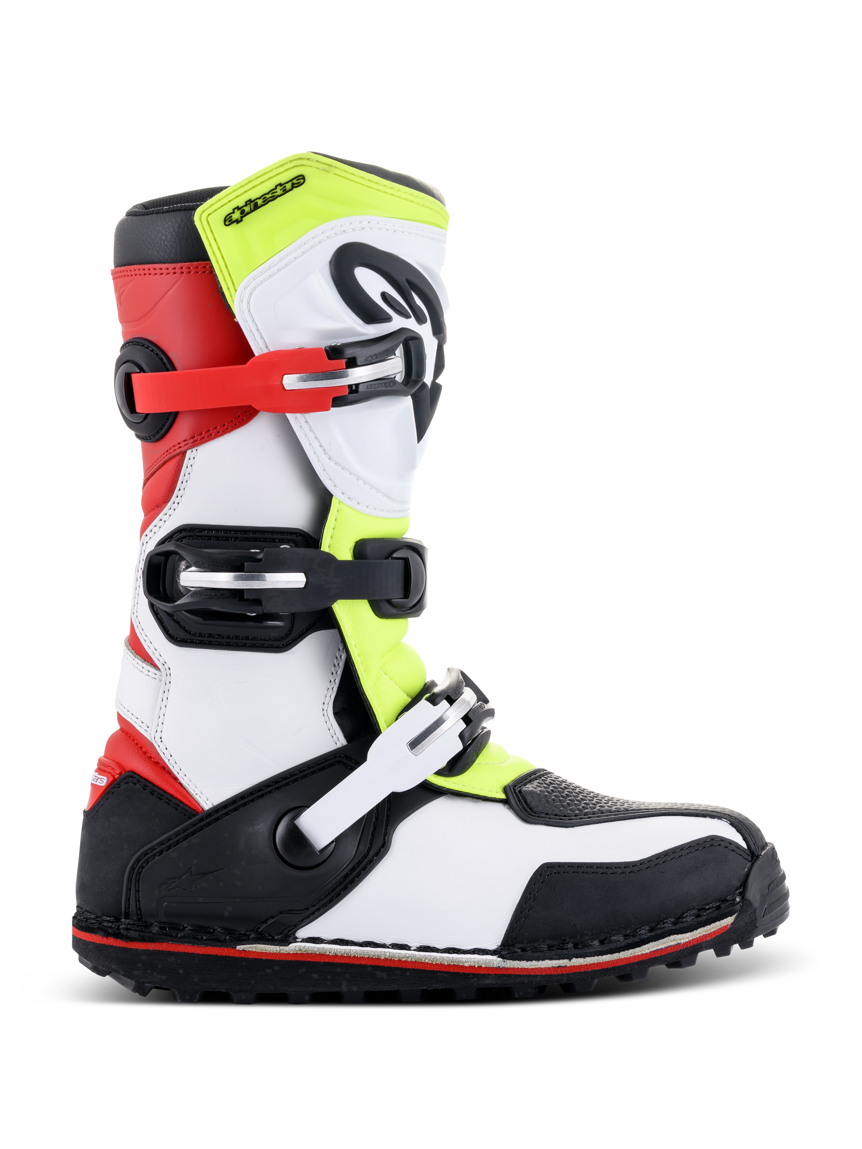 Bottes Alpinestars Tech-T, bottes de moto trial, blanc, rouge, jaune fluorescent et noir, avec trois sangles à boucles réglables, plaque tibiale ergonomique, semelle noire robuste avec accent rouge, conçues pour le trial tout-terrain