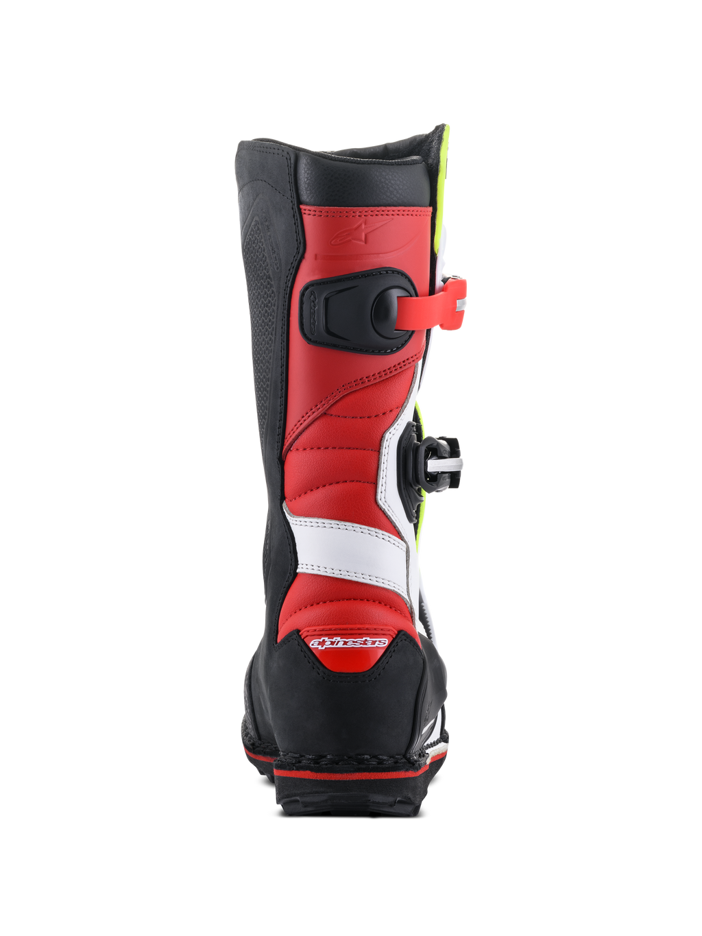 Bottes Alpinestars Tech-T, bottes de moto de trial, blanc, rouge, jaune fluo et noir, vue arrière montrant la construction en cuir rouge avec des accents blancs, protection de talon noire avec logo rouge, et semelle noire robuste pour une adhérence tout-terrain