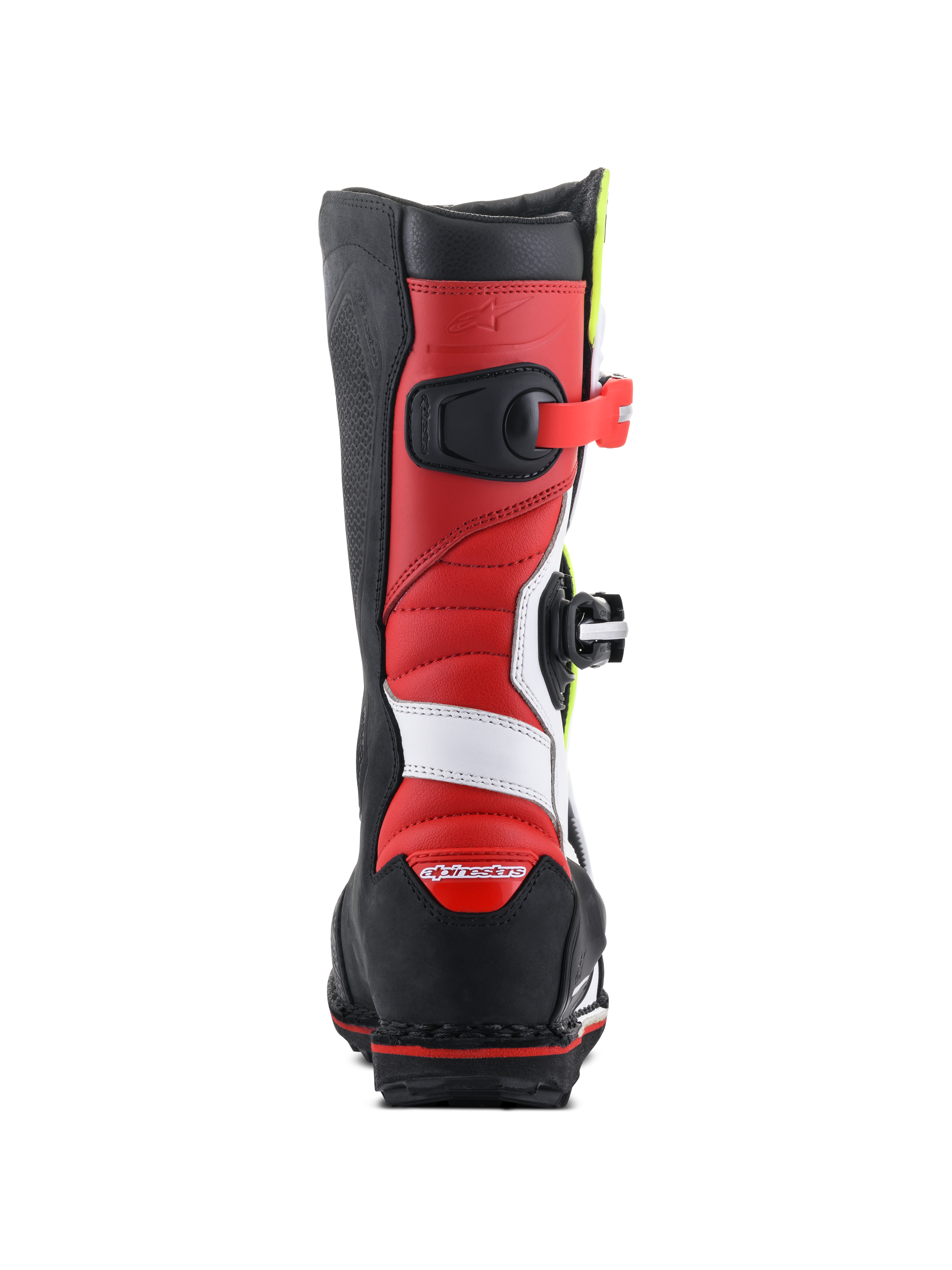 Bottes Alpinestars Tech-T, bottes de moto de trial, blanc, rouge, jaune fluo et noir, vue arrière montrant la construction en cuir rouge avec des accents blancs, protection de talon noire avec logo rouge, et semelle noire robuste pour une adhérence tout-terrain