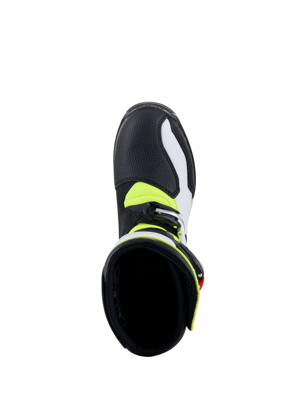 Bottes Alpinestars Tech-T, bottes de moto de trial, blanc, rouge, jaune fluorescent et noir, vue de dessus de l'intérieur de la botte, montrant la doublure noire rembourrée, les accents jaune fluo et la fermeture à boucle argentée