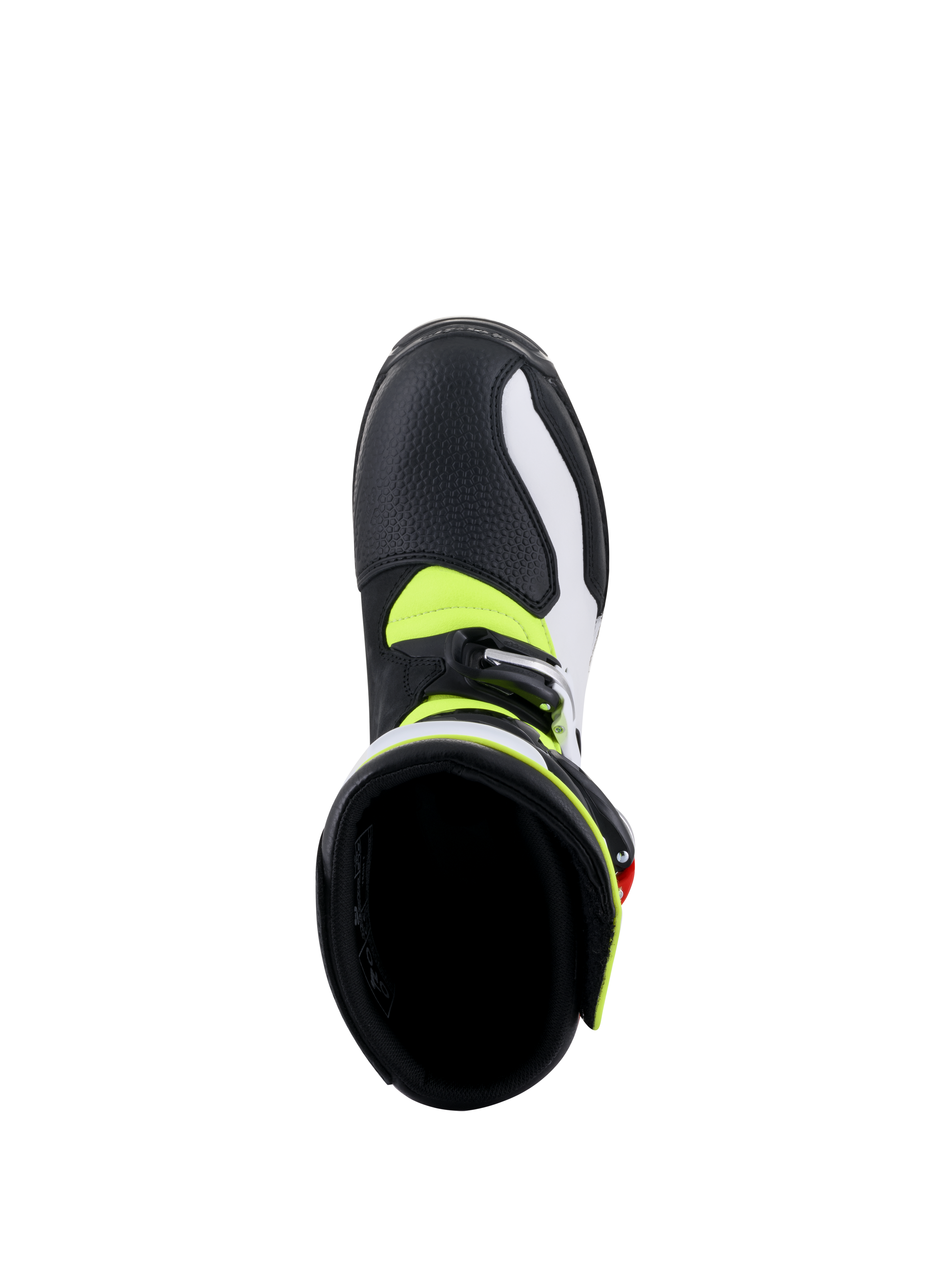 Bottes Alpinestars Tech-T, bottes de moto de trial, blanc, rouge, jaune fluorescent et noir, vue de dessus de l'intérieur de la botte, montrant la doublure noire rembourrée, les accents jaune fluo et la fermeture à boucle argentée