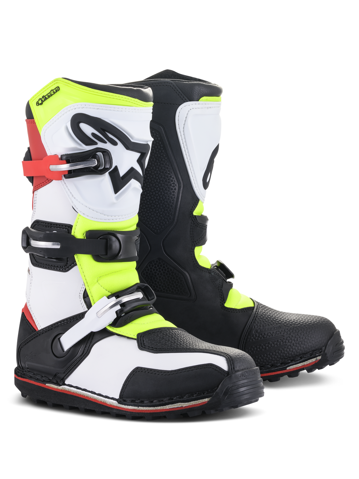 Bottes Alpinestars Tech-T, bottes de moto de trial, blanc, rouge, jaune fluo et noir, dotées d'une plaque tibiale ergonomique avec logo étoilé, fermetures à boucles sécurisées et semelle spécialisée pour la conduite tout-terrain technique