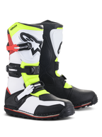 Bottes Alpinestars Tech-T, bottes de moto de trial, blanc, rouge, jaune fluo et noir, dotées d'une plaque tibiale ergonomique avec logo étoilé, fermetures à boucles sécurisées et semelle spécialisée pour la conduite tout-terrain technique