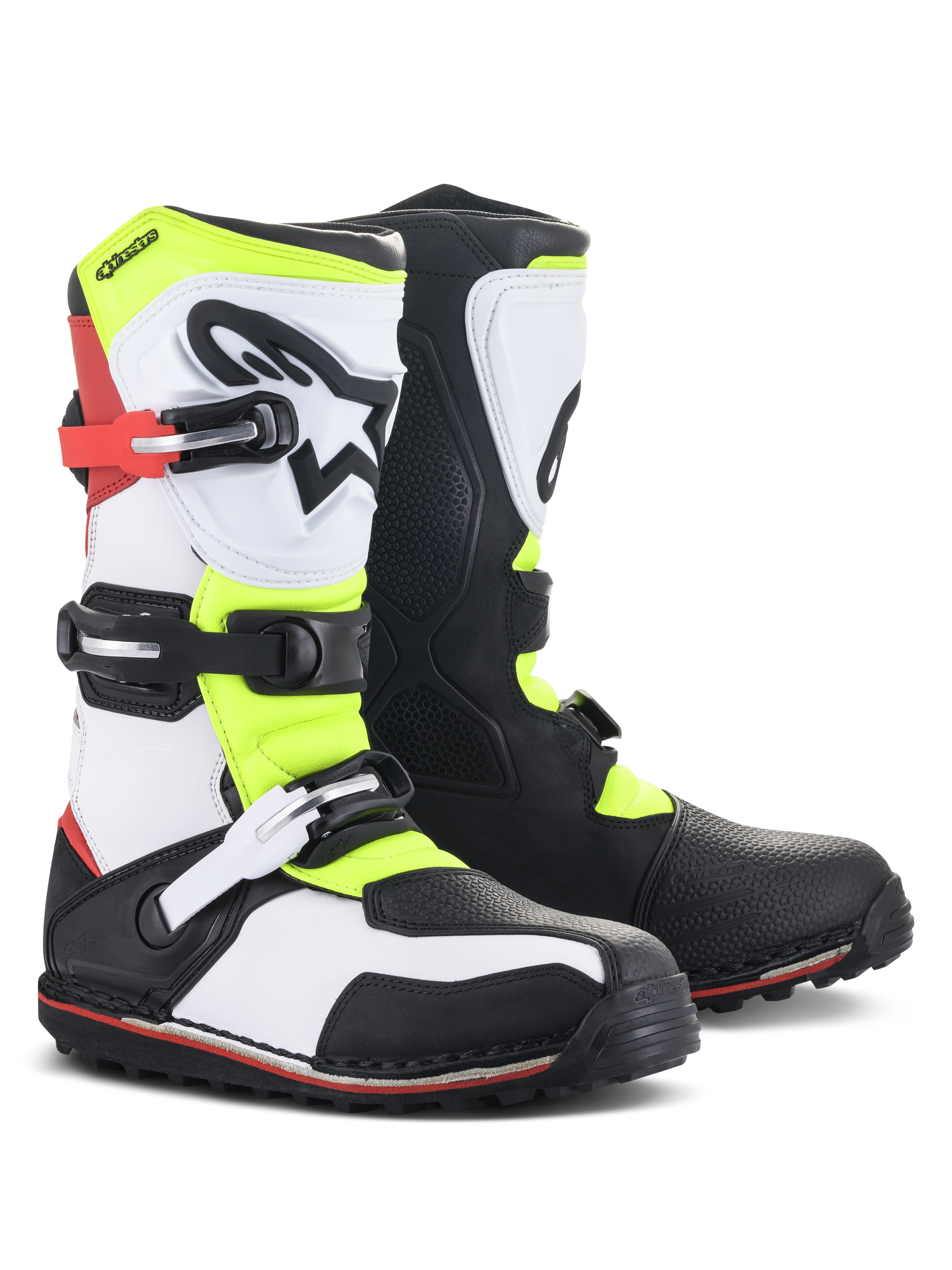 Bottes Alpinestars Tech-T, bottes de moto de trial, blanc, rouge, jaune fluo et noir, dotées d'une plaque tibiale ergonomique avec logo étoilé, fermetures à boucles sécurisées et semelle spécialisée pour la conduite tout-terrain technique