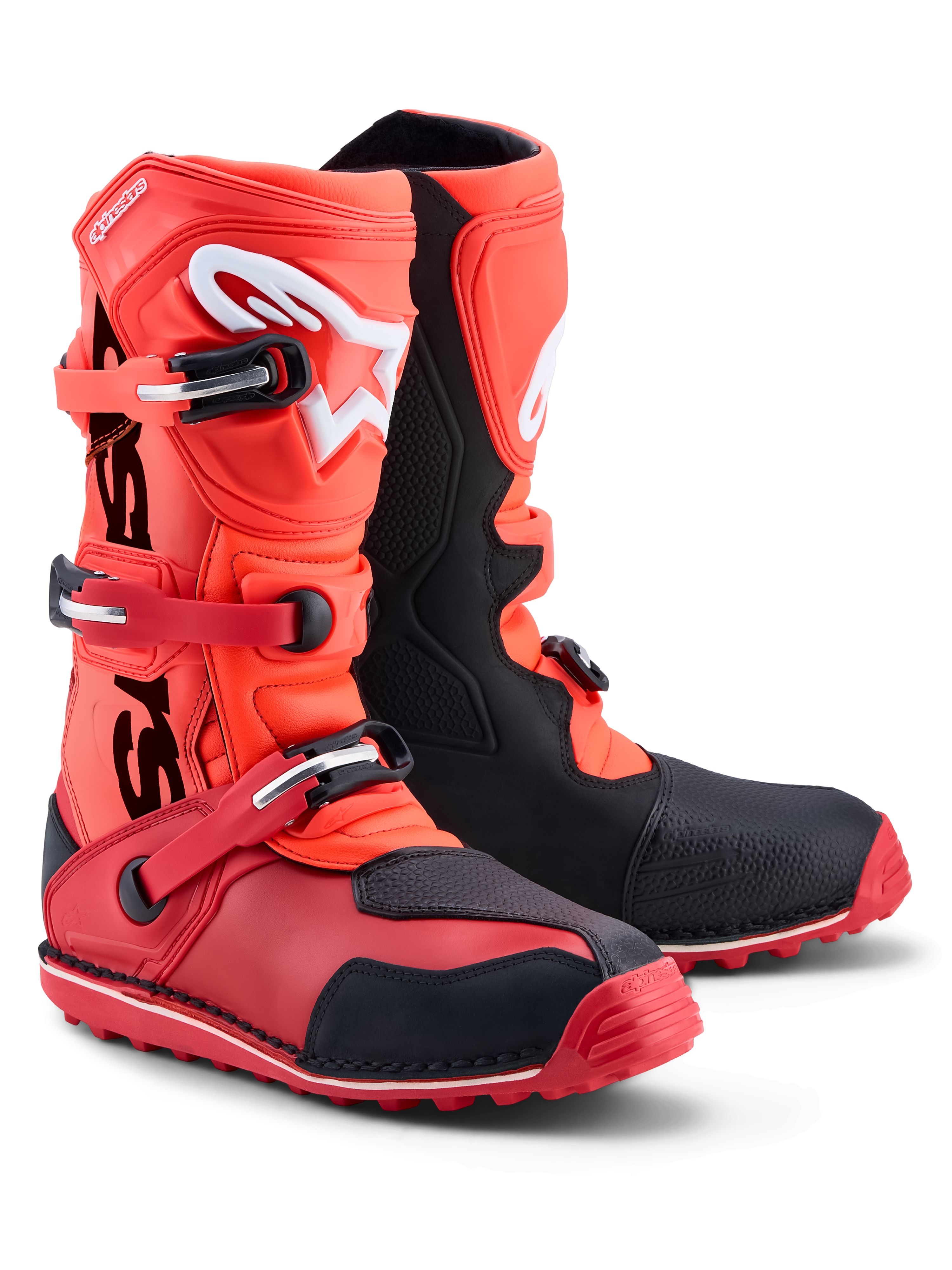Alpinestars Tech-T, bottes de moto trials, rouge fluo et noir, certifiées CE, construction en cuir et microfibre avec semelle haute adhérence et protection tibia
