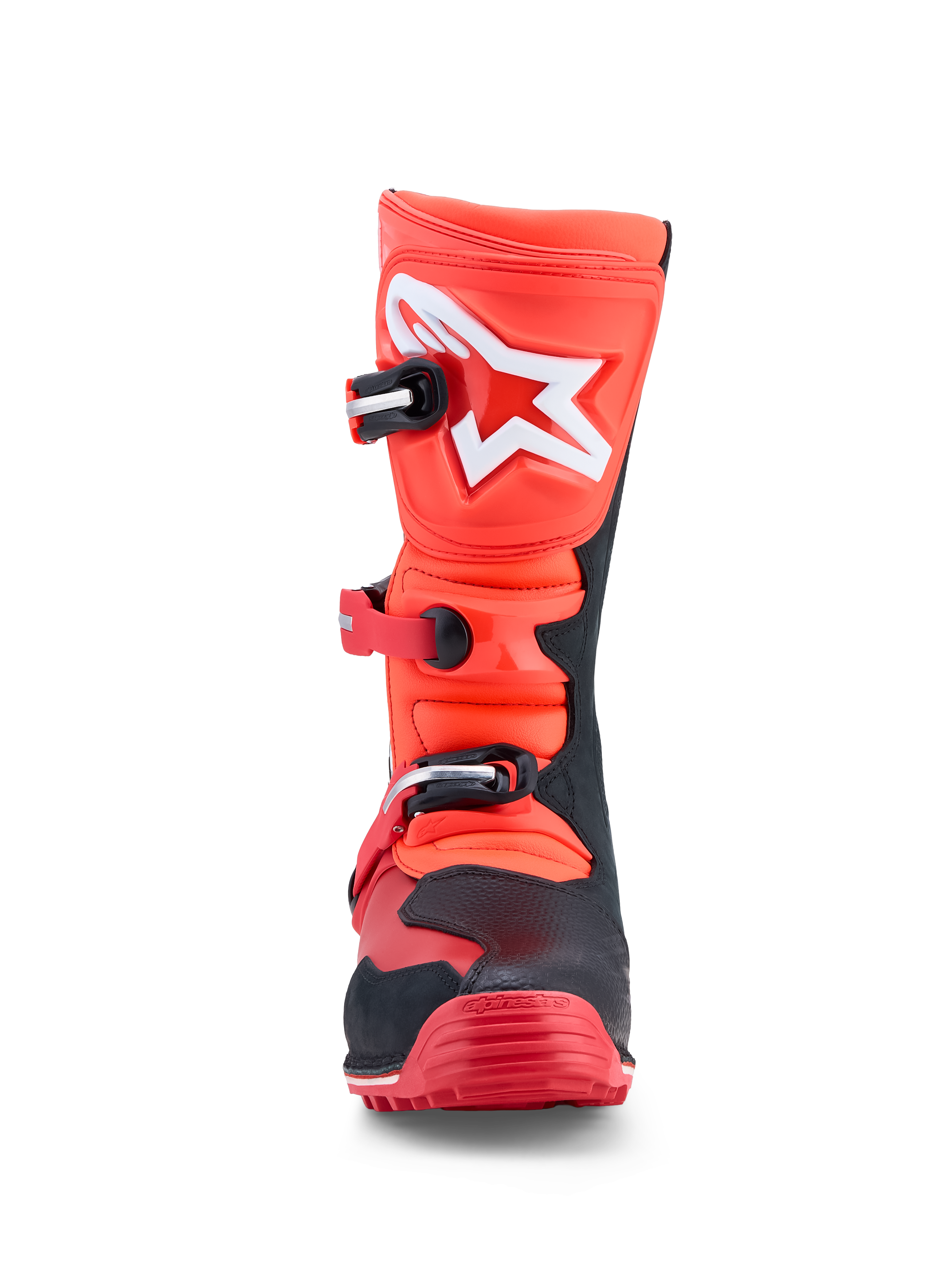 Bottes Alpinestars Tech-T, bottes de moto trial, rouges fluo et noires, plaques de tibia en TPU et cuir, certifiées CE