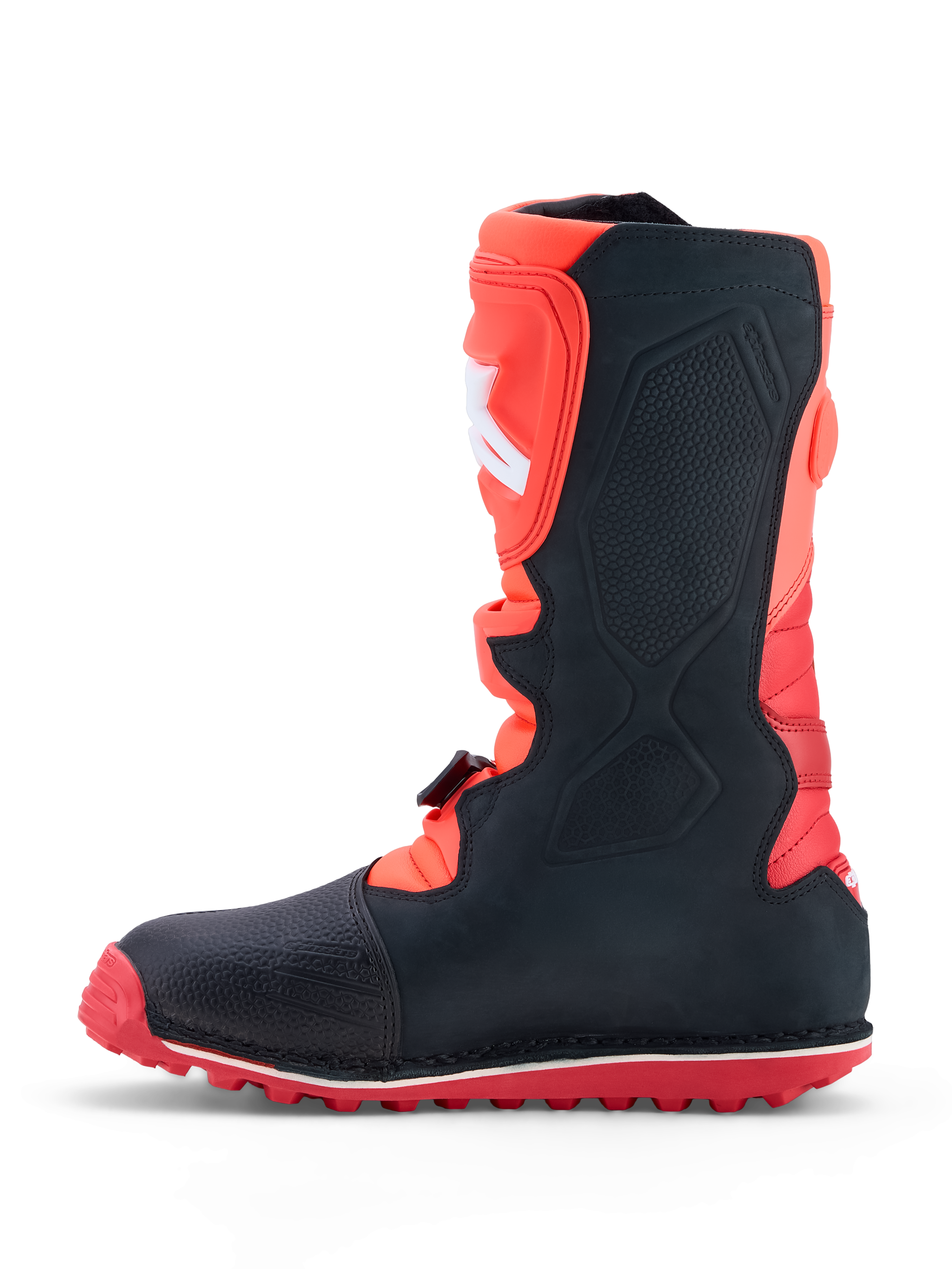 Alpinestars Tech-T, bottes de moto de trial pour homme, rouges et noires, construction en cuir et semelle en caoutchouc à haute adhérence, vue de profil