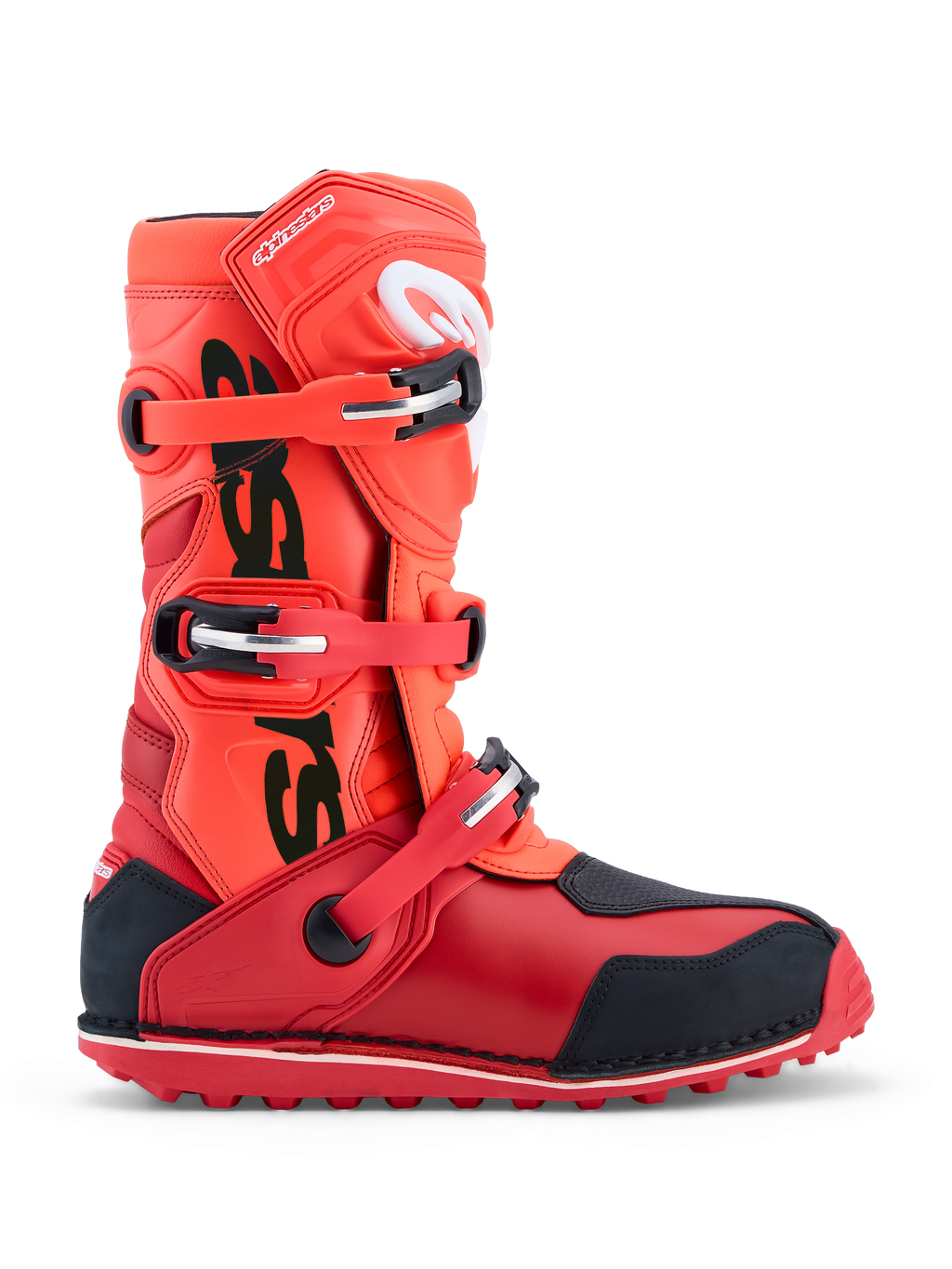 Alpinestars Tech-T, bottes de moto de trial, rouges fluo et noires, système à trois boucles et protection TPU, certifiées CE