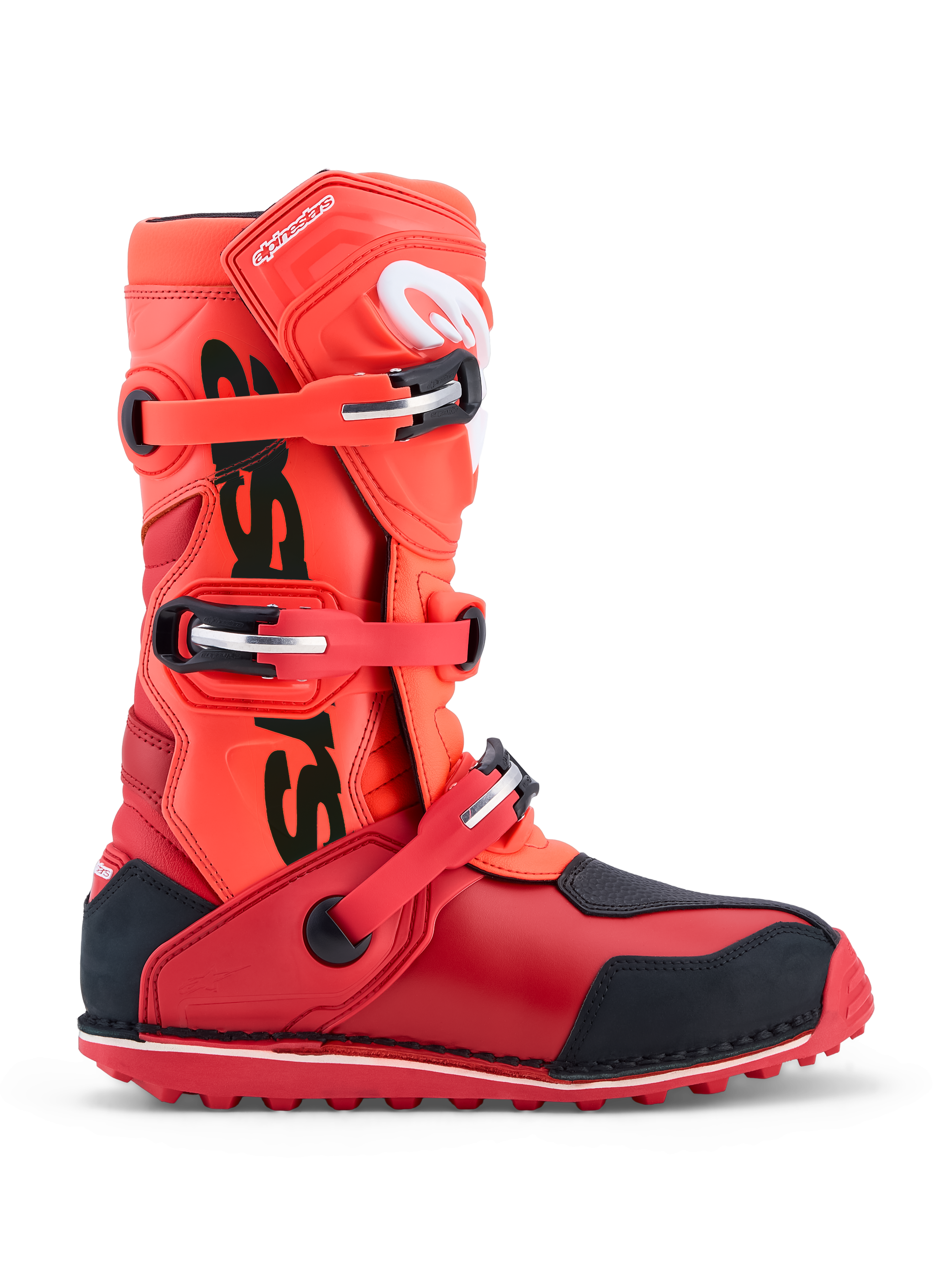 Alpinestars Tech-T, bottes de moto de trial, rouges fluo et noires, système à trois boucles et protection TPU, certifiées CE