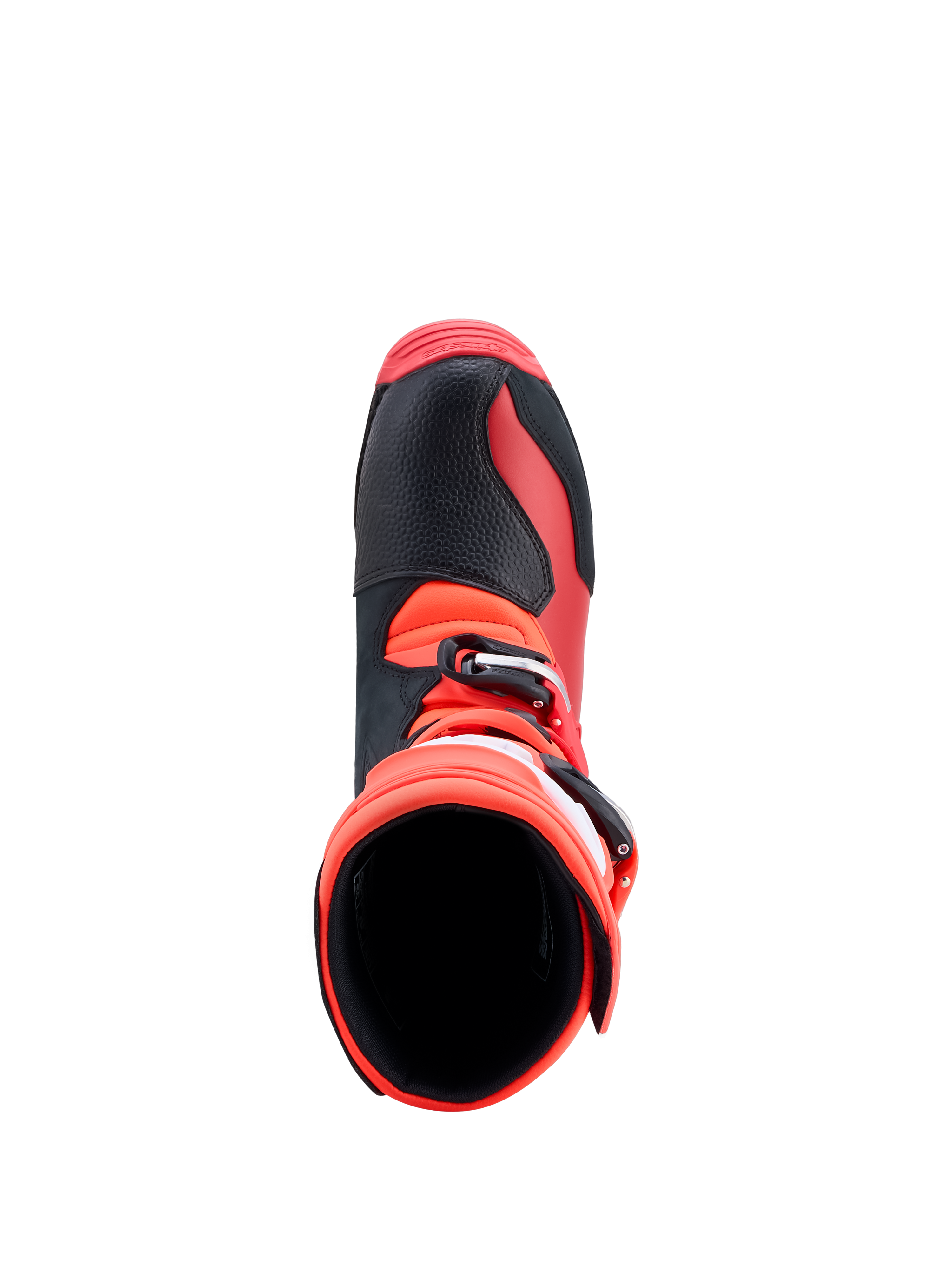 Alpinestars bottes Tech-T, bottes de moto trials pour homme, rouge fluo et noires, en cuir, vue de dessus