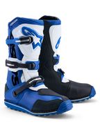 Bottes Alpinestars Tech-T, bottes de trial pour homme, bleues, noires et blanches, en cuir avec protections en TPU.