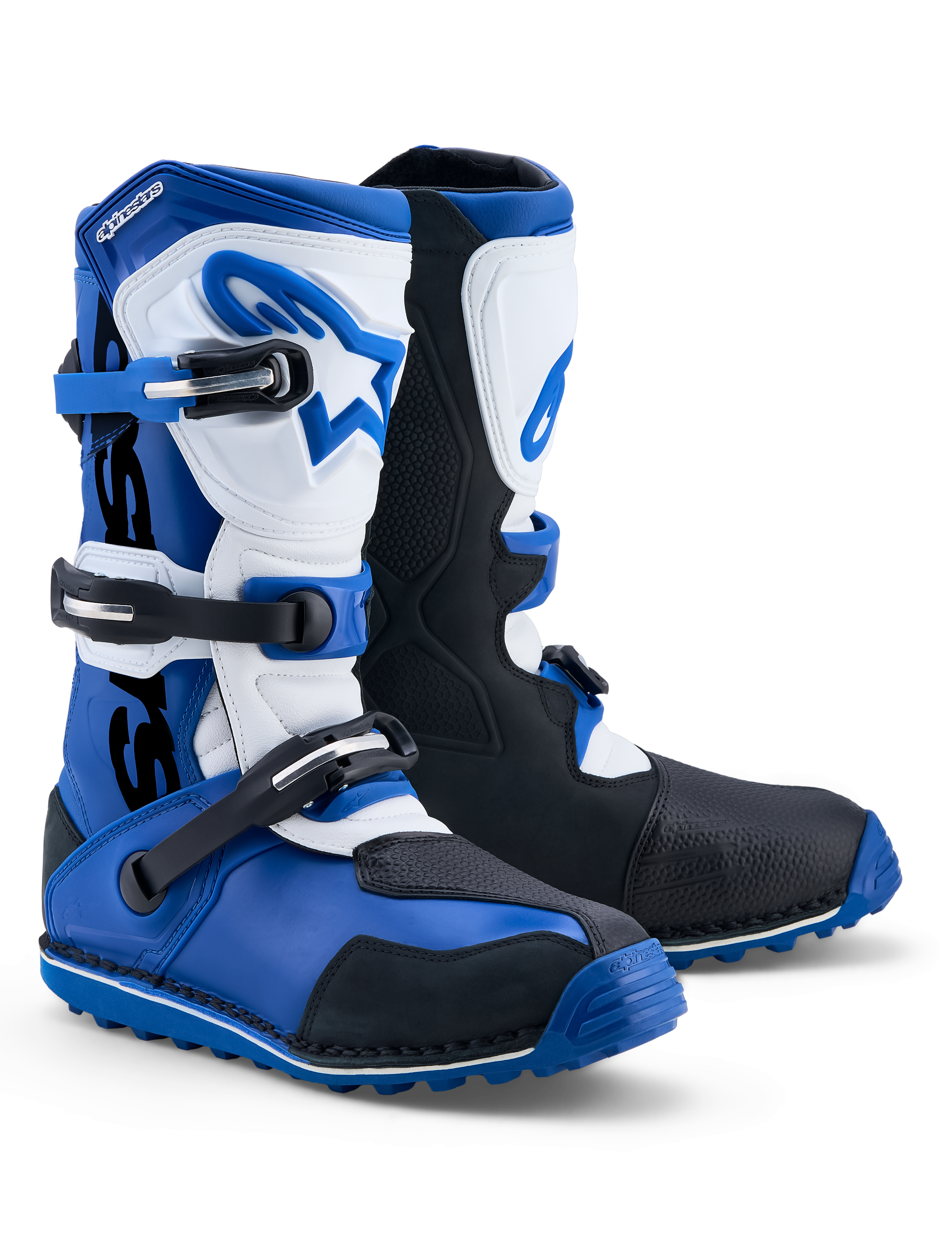 Bottes Alpinestars Tech-T, bottes de trial pour homme, bleues, noires et blanches, en cuir avec protections en TPU.