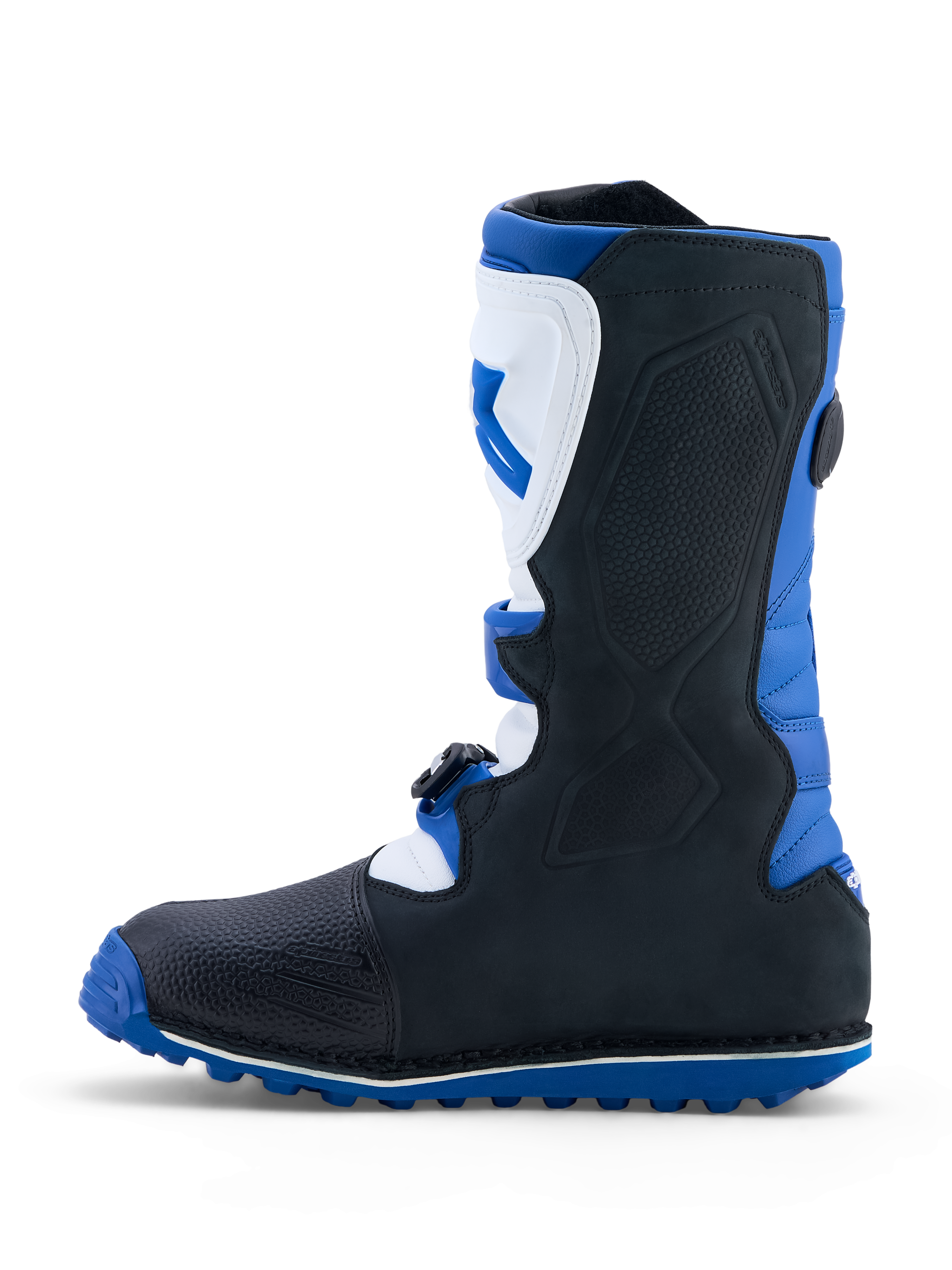 Bottes Alpinestars Tech-T, bottes de moto pour trial tout-terrain pour homme, bleu foncé, noires et blanches, dotées de plaques de protection tibia en TPU et de semelles adhérentes, certifiées CE