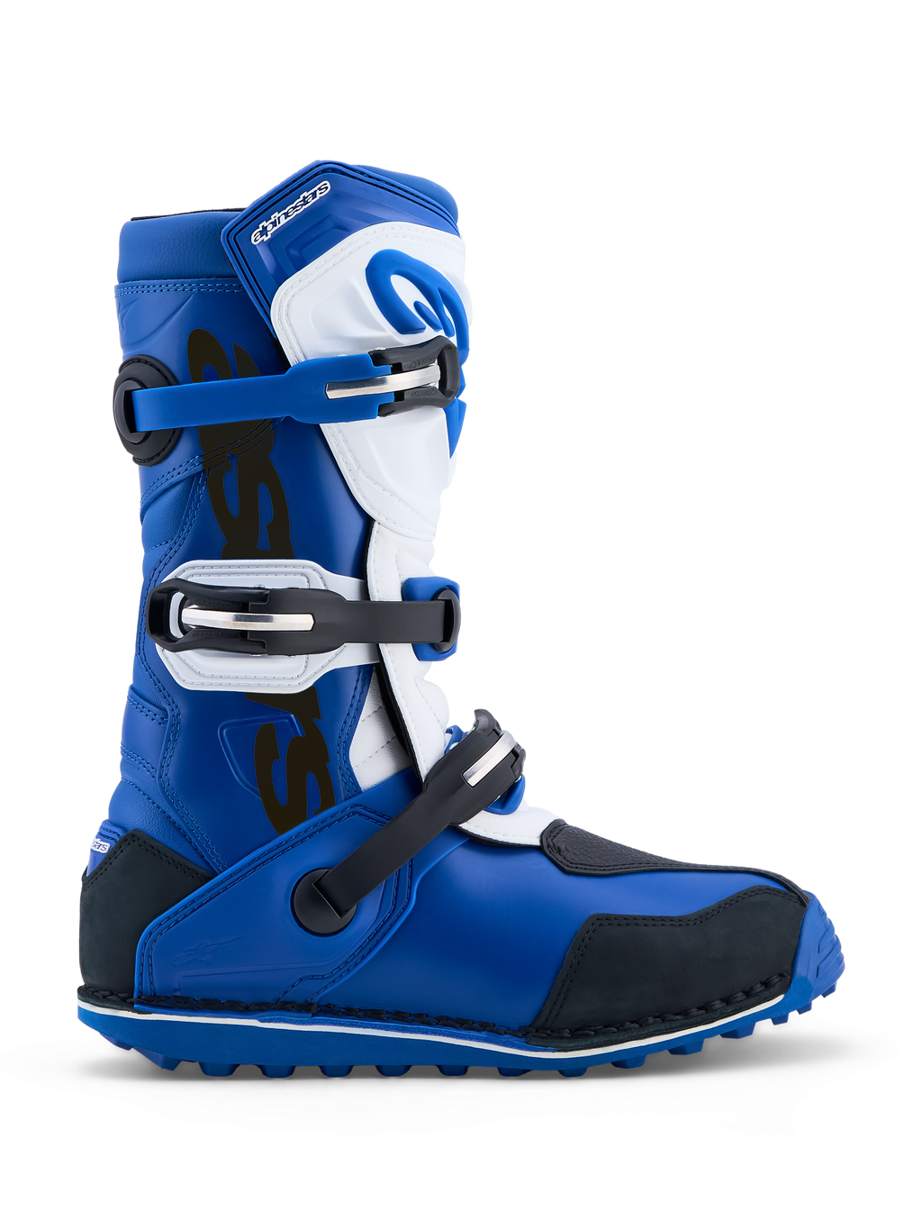 Bottes Alpinestars Tech-T, bottes de moto pour trial, homme, bleues, blanches et noires, cuir et microfibre, système à trois boucles, semelle en caoutchouc haute adhérence, certifiées CE