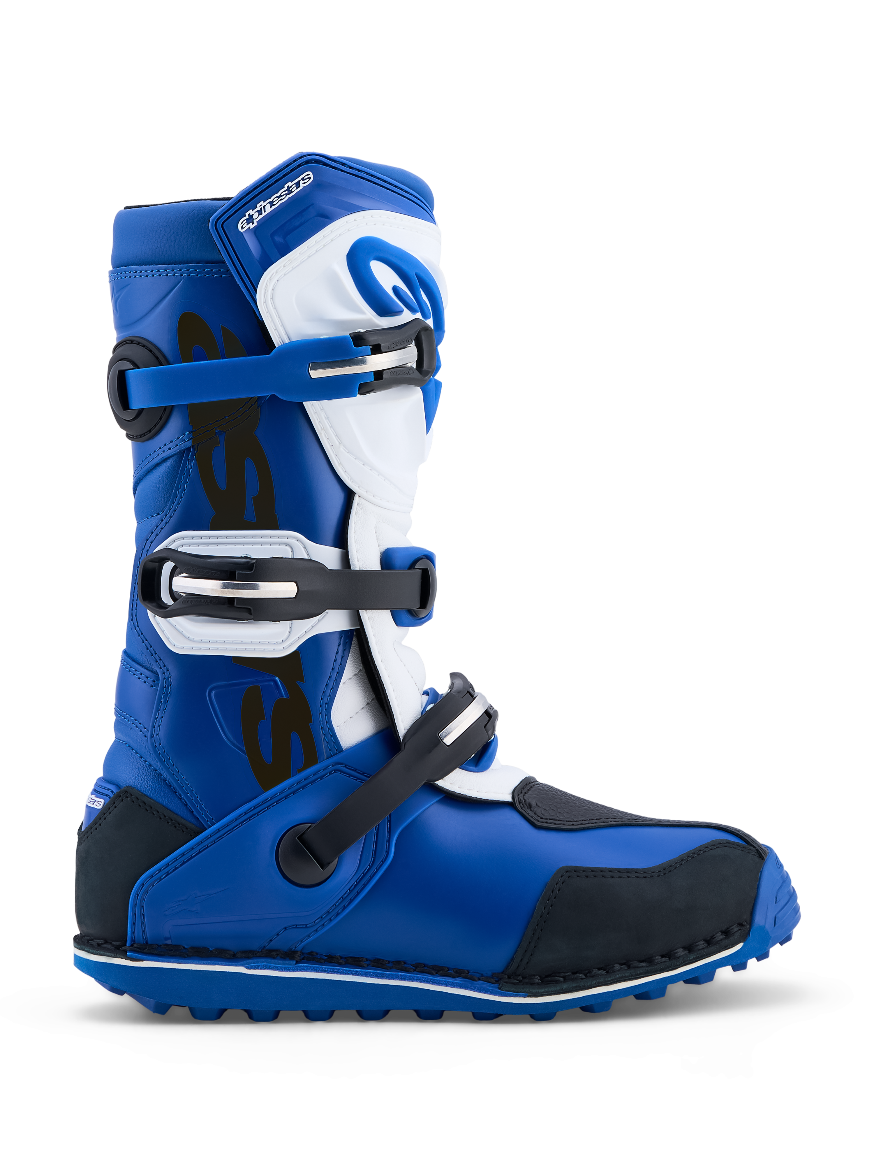 Bottes Alpinestars Tech-T, bottes de moto pour trial, homme, bleues, blanches et noires, cuir et microfibre, système à trois boucles, semelle en caoutchouc haute adhérence, certifiées CE