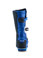 Alpinestars Tech-T, bottes de moto de trial pour homme, bleues et noires, construction en cuir avec zones d'extension en accordéon à l'arrière, certifiées CE, vue de dos montrant le talon et le mollet