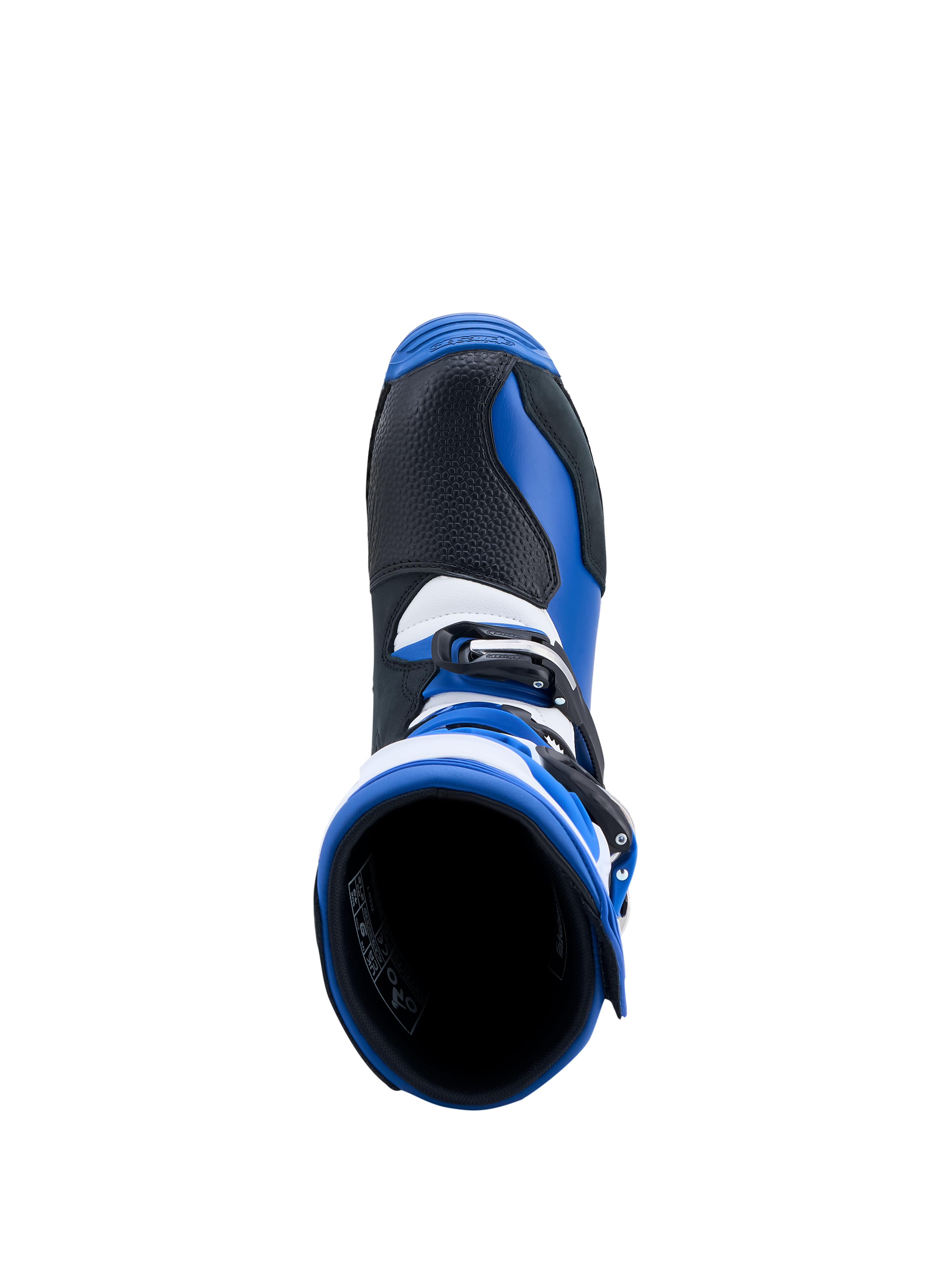 Bottes Alpinestars Tech-T, bottes de moto trial, bleues et noires, vue de dessus de l'ouverture et de la construction en cuir
