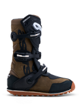 Alpinestars Tech-T Boots, brown and black leather trials motorcycle boots with triple buckle closure and gum sole.