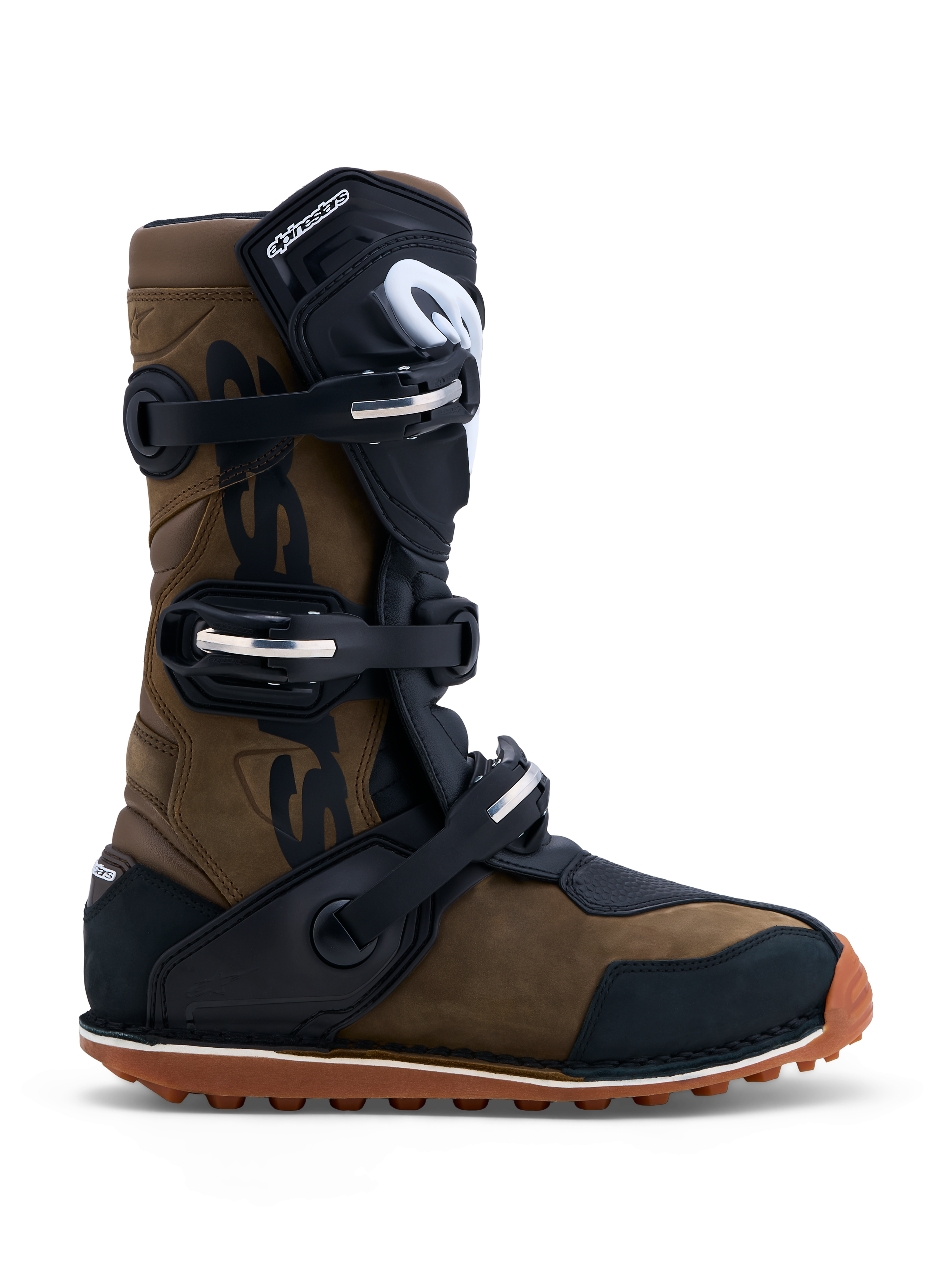 Bottes Alpinestars Tech-T, bottes de moto trial pour homme, marron et noires, cuir et microfibre, trois boucles et semelle gomme