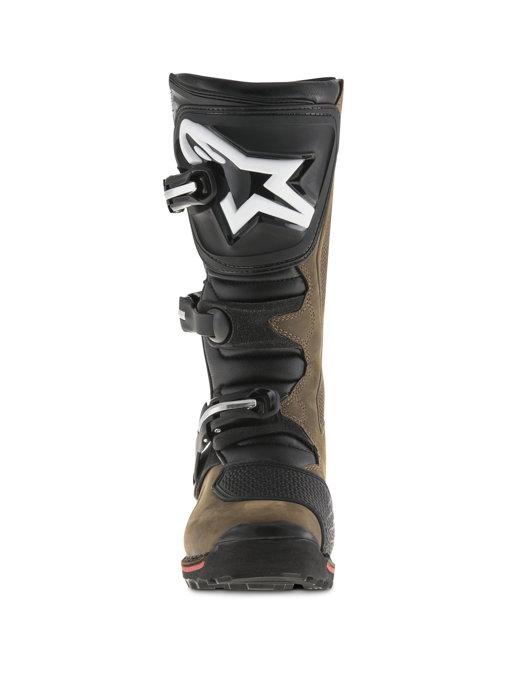Bottes Alpinestars Tech-T, bottes de moto de trial, brun huilé et noir, vue de face montrant le protège-tibia ergonomique avec un grand logo blanc, système de fermeture à trois boucles et semelle spécialisée pour le tout-terrain technique