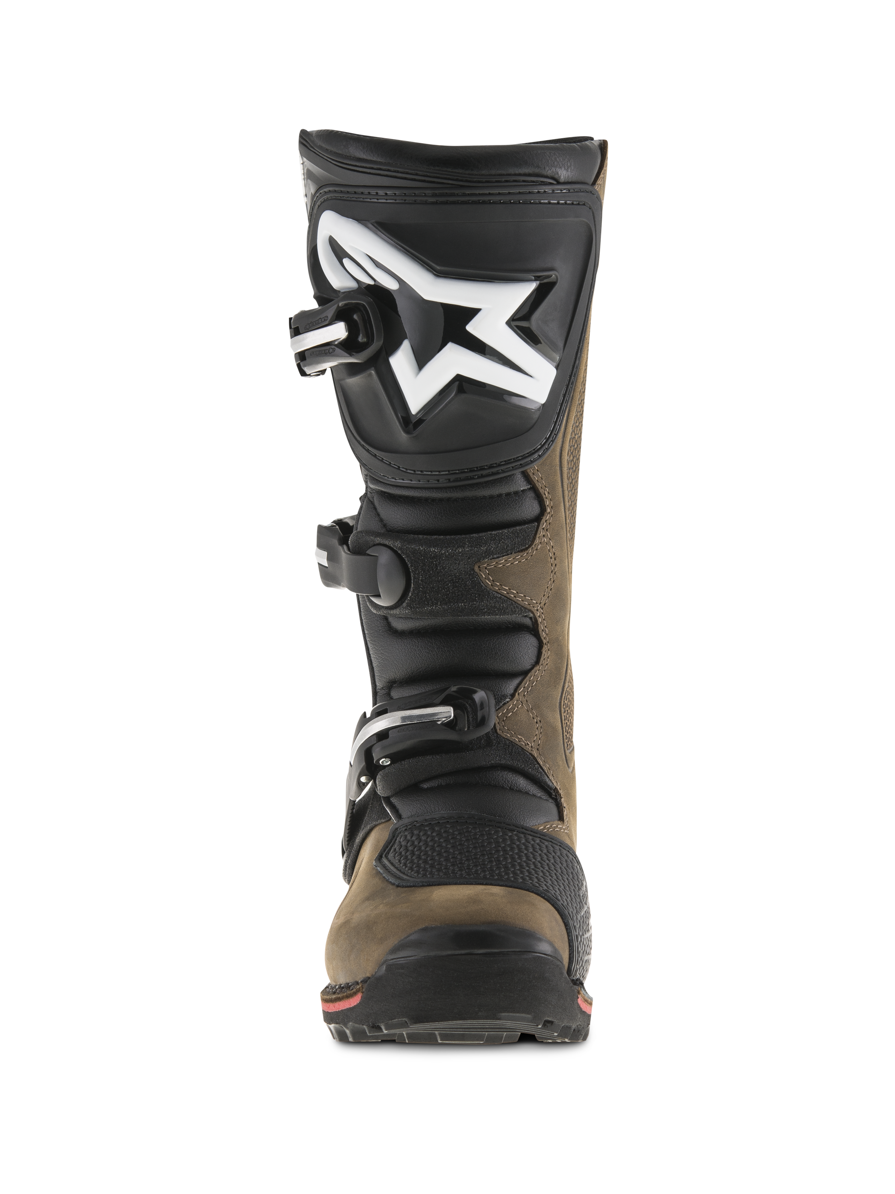 Bottes Alpinestars Tech-T, bottes de moto de trial, brun huilé et noir, vue de face montrant le protège-tibia ergonomique avec un grand logo blanc, système de fermeture à trois boucles et semelle spécialisée pour le tout-terrain technique