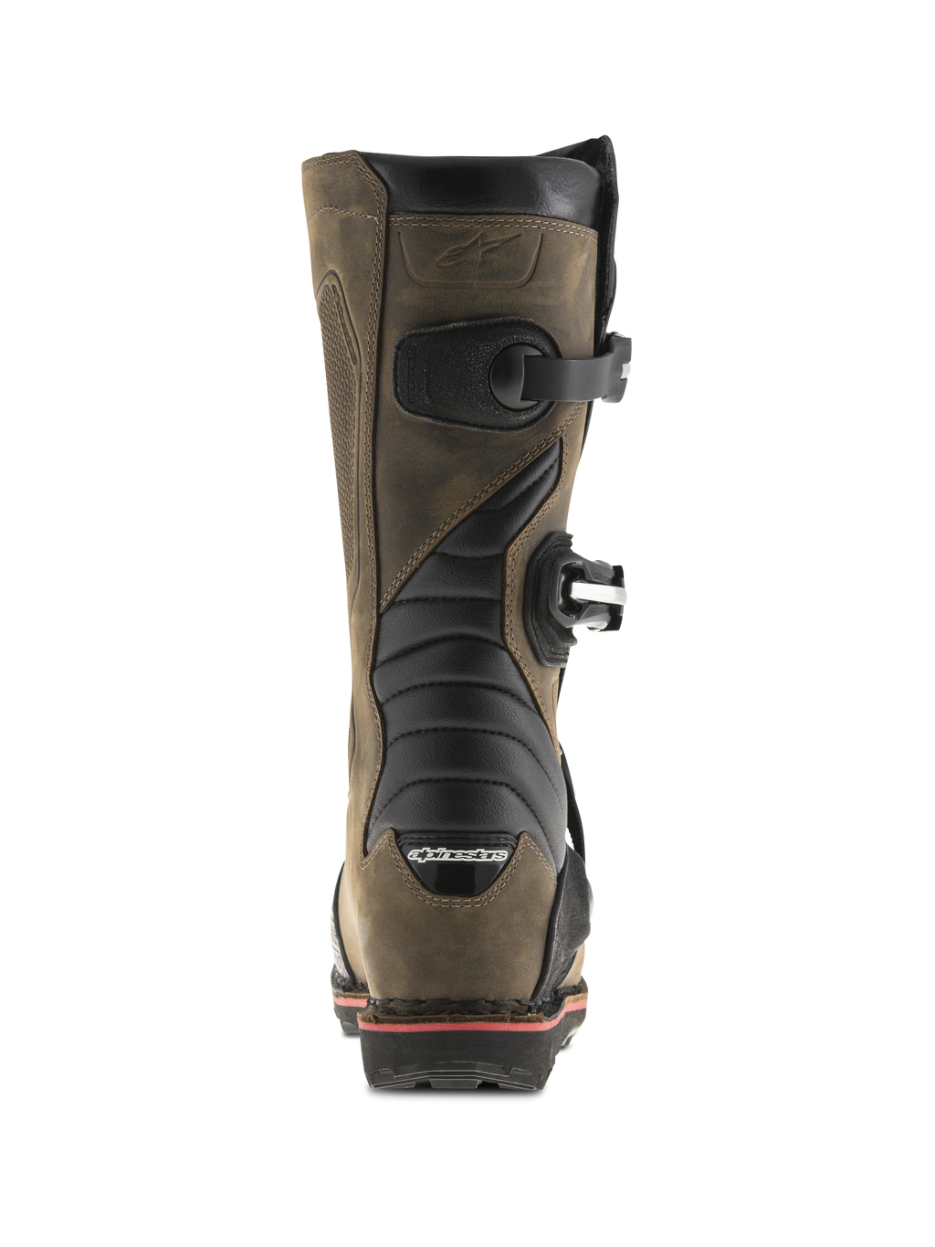 Bottes Alpinestars Tech-T, Brun huilé, vue arrière présentant des zones de flexion en accordéon noires, des boucles latérales et le logo Alpinestars sur le talon, bottes de moto de trial professionnelles avec une finition en cuir robuste.