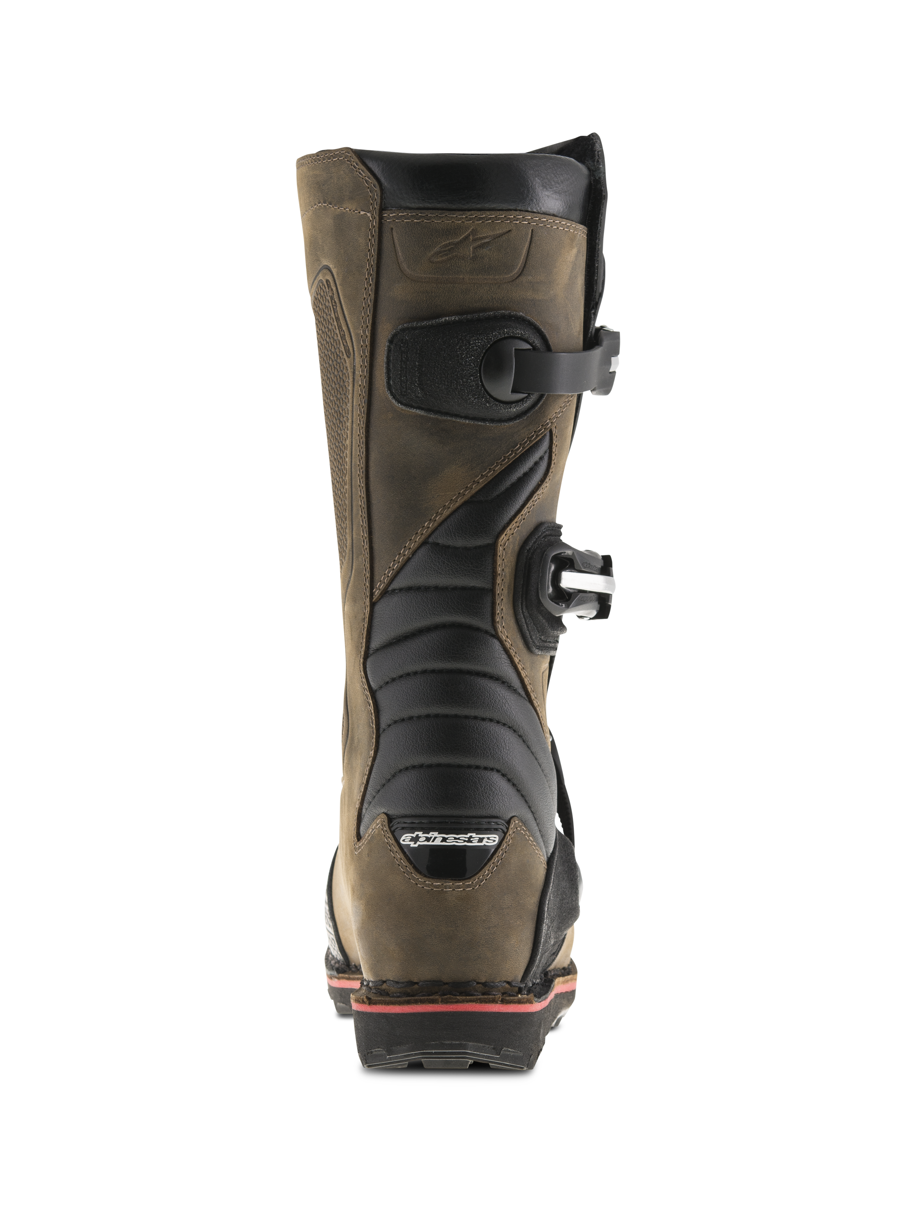 Bottes Alpinestars Tech-T, Brun huilé, vue arrière présentant des zones de flexion en accordéon noires, des boucles latérales et le logo Alpinestars sur le talon, bottes de moto de trial professionnelles avec une finition en cuir robuste.