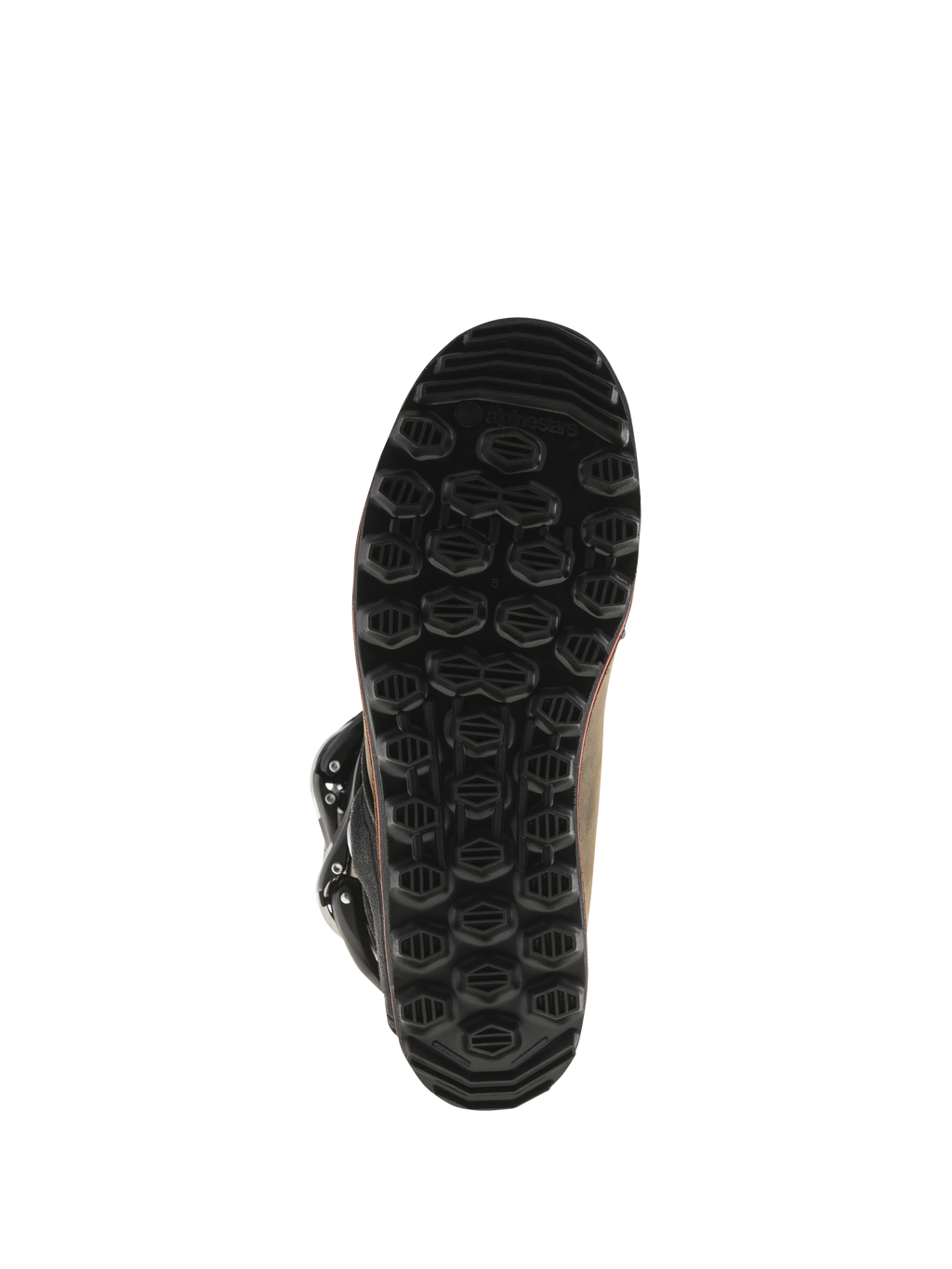 Bottes Alpinestars Tech-T, bottes de trial, cuir huilé brun, vue de dessous de la semelle noire exclusive, motif de traction hexagonal texturé pour l'adhérence et la sensibilité aux repose-pieds, construction en caoutchouc durable