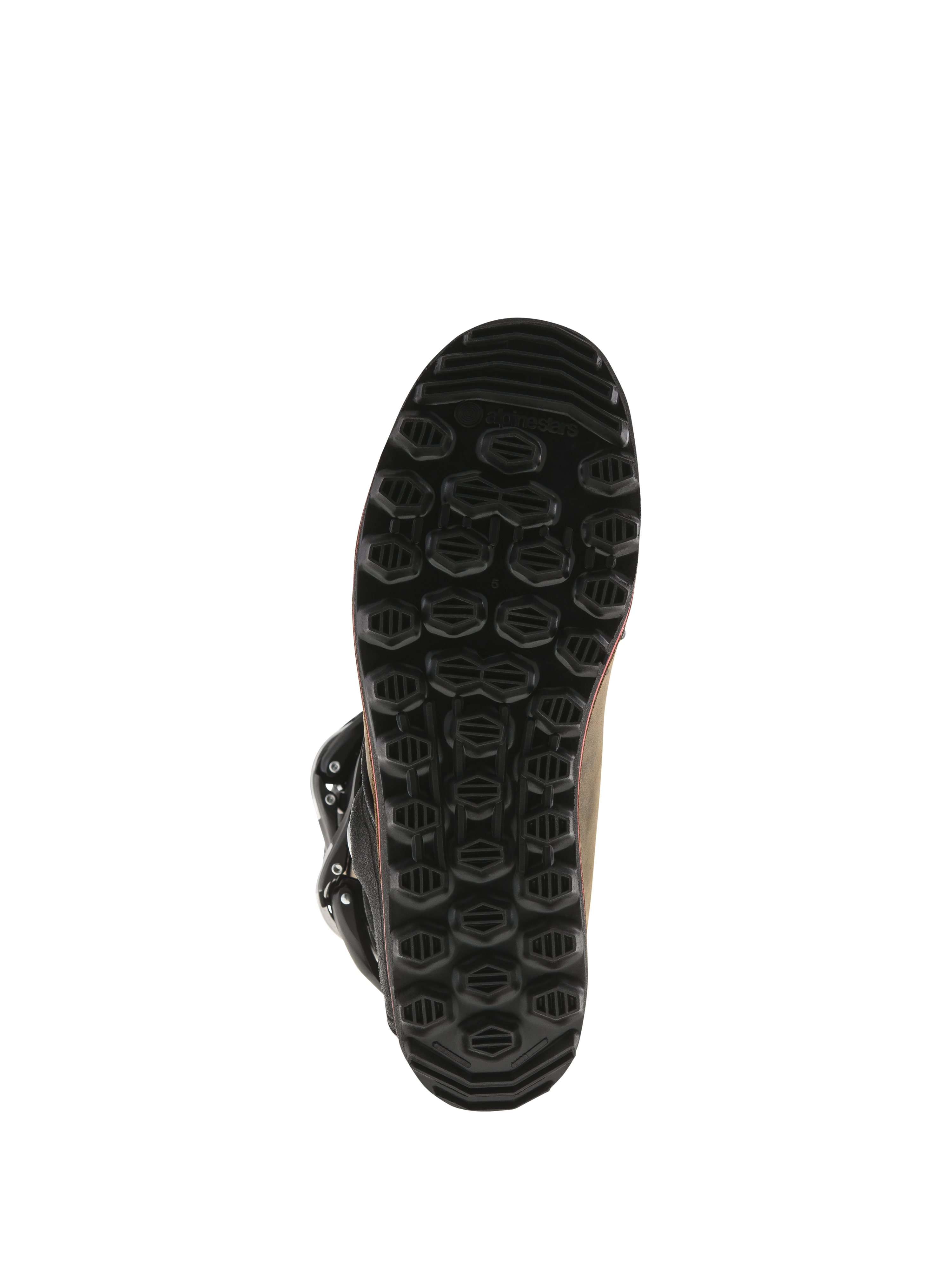 Bottes Alpinestars Tech-T, bottes de trial, cuir huilé brun, vue de dessous de la semelle noire exclusive, motif de traction hexagonal texturé pour l'adhérence et la sensibilité aux repose-pieds, construction en caoutchouc durable