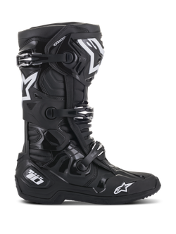 Alpinestars Tech 10 Boots, Motocross Boots, Black, side profile view featuring white Alpinestars star logos and Tech 10 branding, triple buckle closure system, robust TPU shell and microfiber construction for professional off-road racing