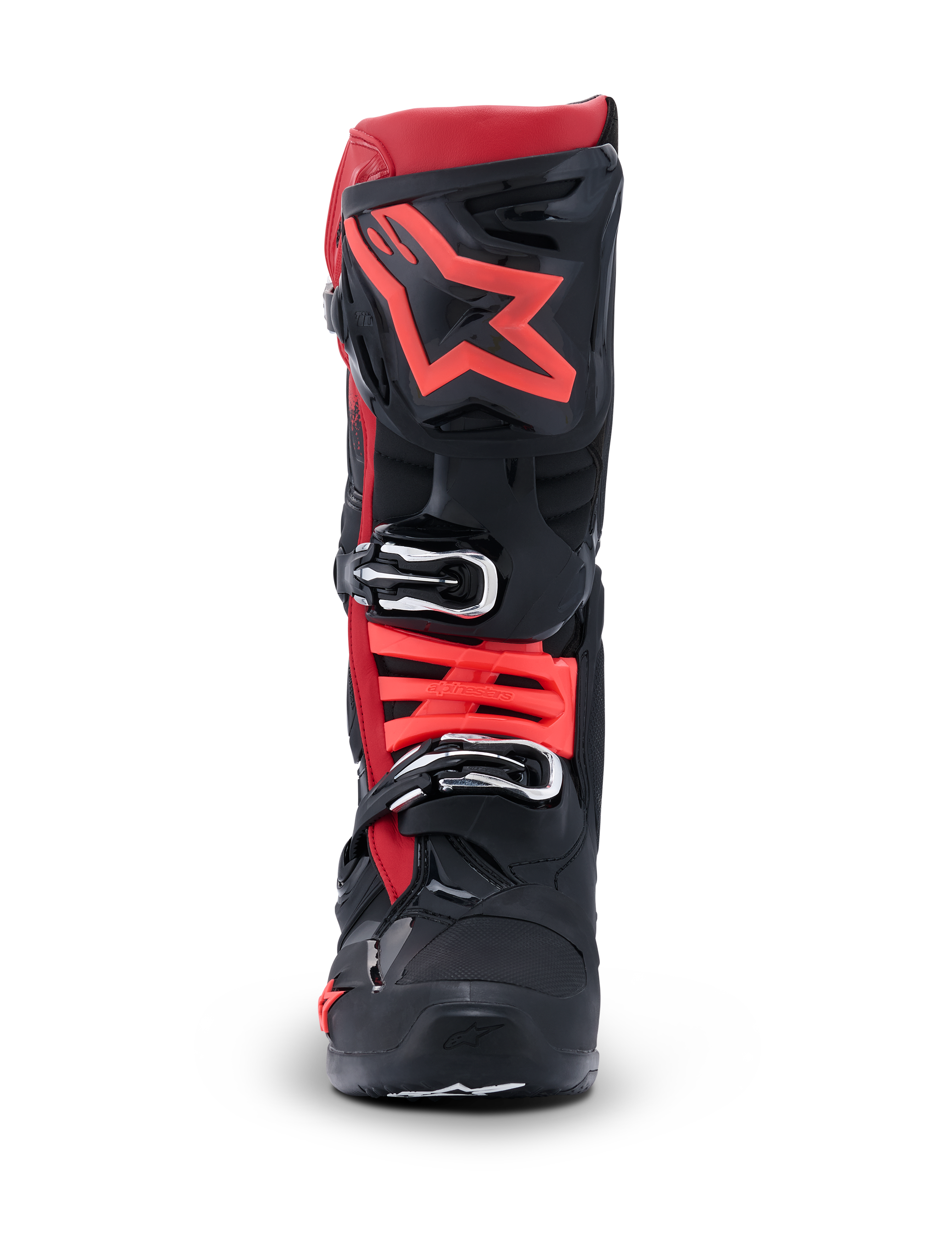 Alpinestars Tech 10 Boots, Motocross Boots, Black and Red, front view featuring large red star logo on the shin plate and silver buckle closures, advanced protective gear for off-road racing
