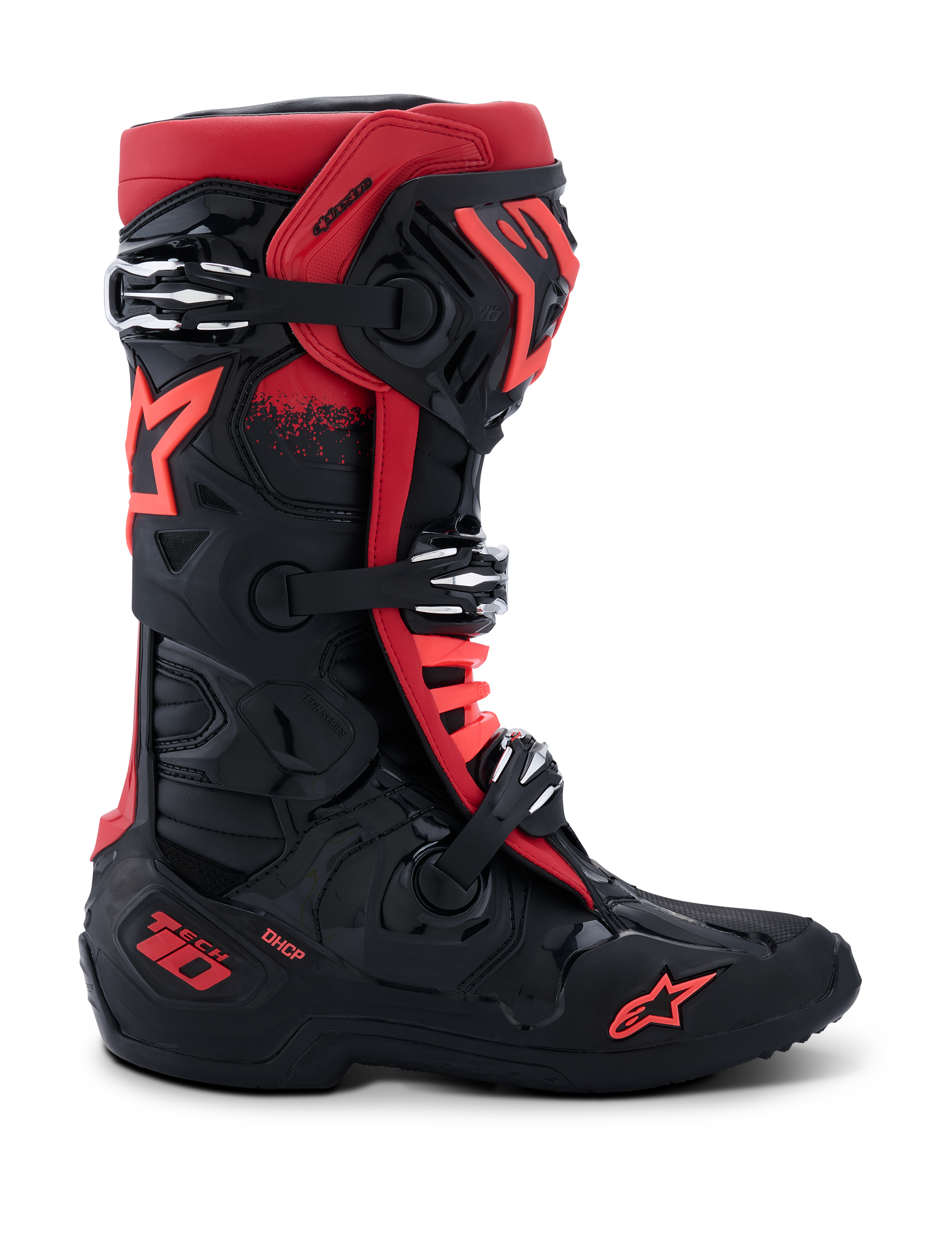 Alpinestars Tech 10 Boots, Motocross Boots, Black and Red, side profile view, three silver aluminum buckles, red star logo on the side and ankle, DHCP technology branding on the heel, reinforced protective chassis for off-road racing.