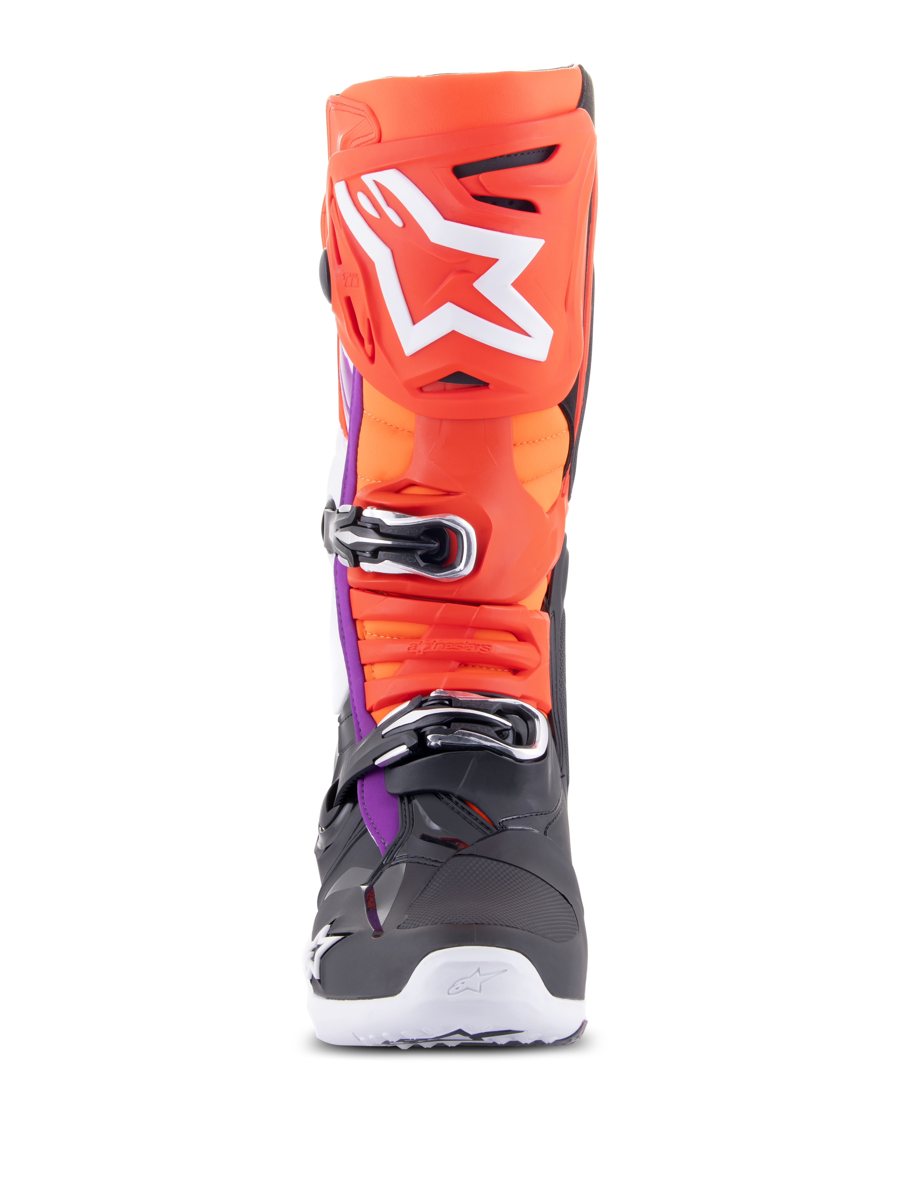 Bottes Alpinestars Tech 10, bottes de motocross, noir, rouge fluo, orange fluo et blanc avec accents violets, vue de face montrant le système de fermeture à boucles multiples et le large logo blanc sur le protège-tibia