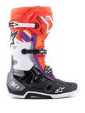 Bottes Alpinestars Tech 10, bottes de motocross, noir, orange fluo, blanc et accents violets, dotées d'un système de fermeture à triple boucle, logos étoile sur le tibia et la pointe, et protection de talon DHCP, vue de profil de chaussures de course tout-terrain.