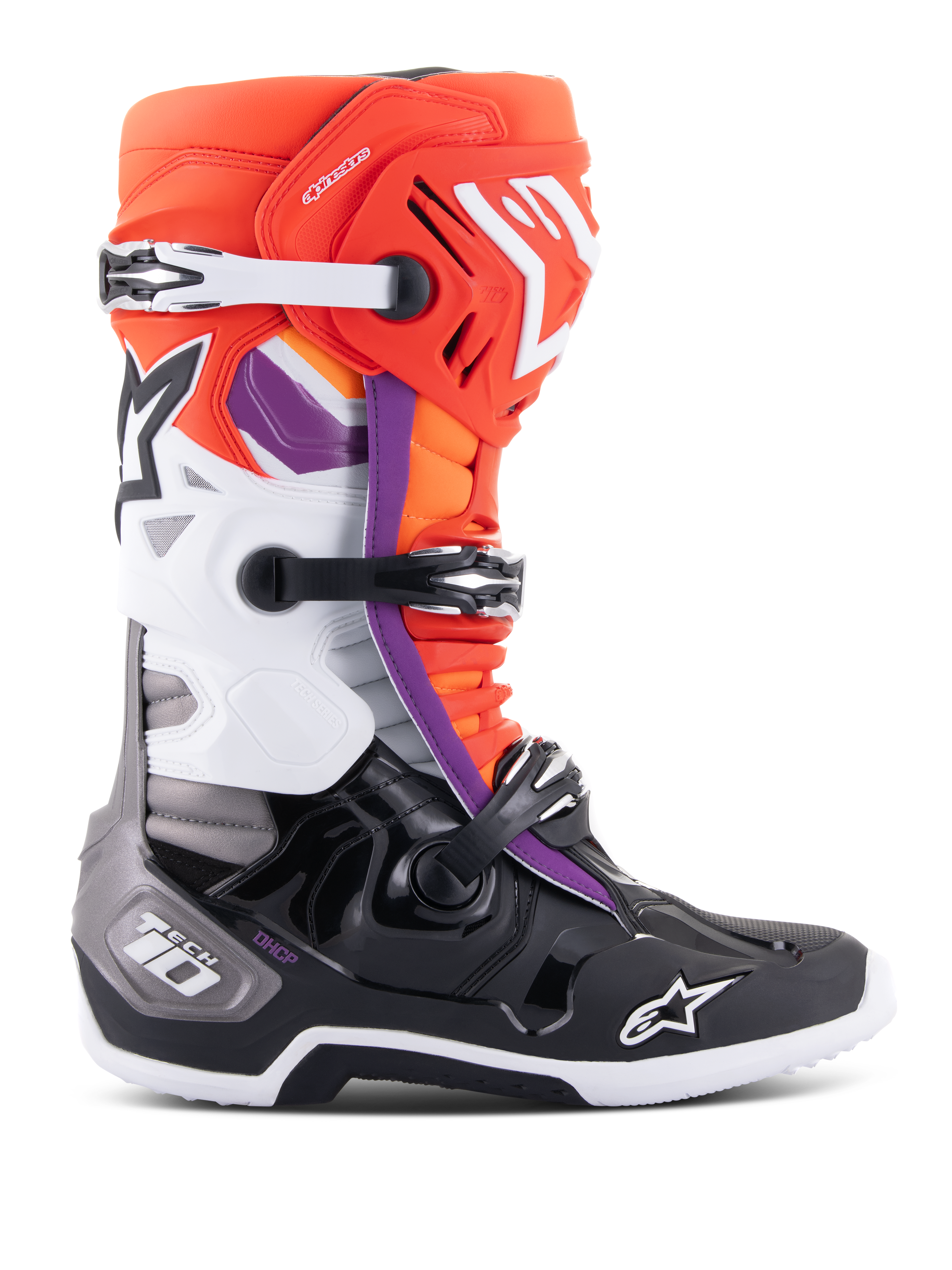 Bottes Alpinestars Tech 10, bottes de motocross, noir, orange fluo, blanc et accents violets, dotées d'un système de fermeture à triple boucle, logos étoile sur le tibia et la pointe, et protection de talon DHCP, vue de profil de chaussures de course tout-terrain.