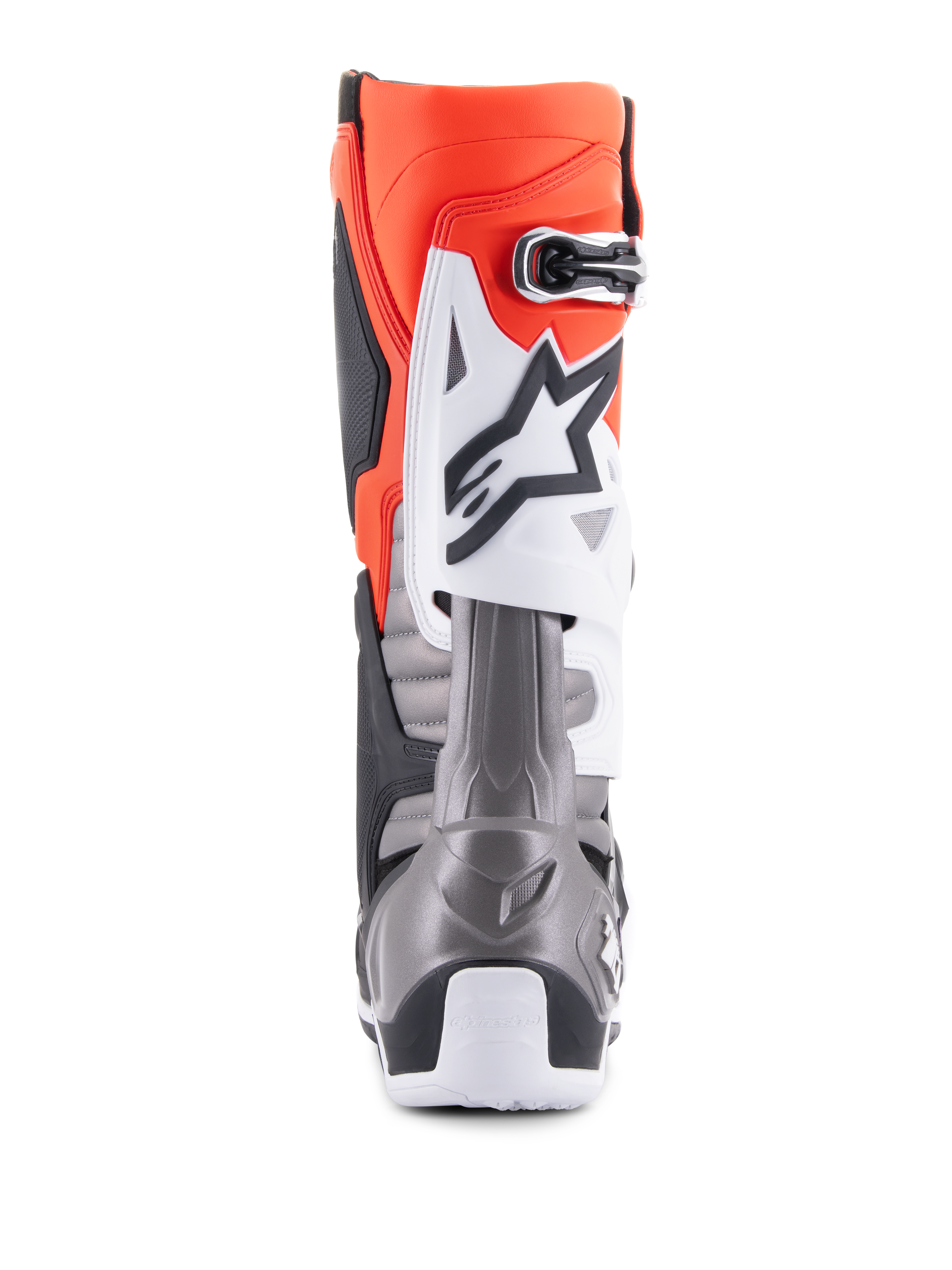 Bottes Alpinestars Tech 10, bottes de motocross, noir, rouge fluo, orange fluo et blanc, vue arrière présentant une tige orange vif, une plaque de protection blanche avec logo noir et une section de talon gris métallisé pour la performance en course tout-terrain