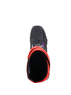 Bottes Alpinestars Tech 10, bottes de motocross, noir, rouge fluo, orange fluo et blanc, vue de dessus montrant l'ouverture intérieure et la zone de l'avant-pied, chaussure de protection tout-terrain