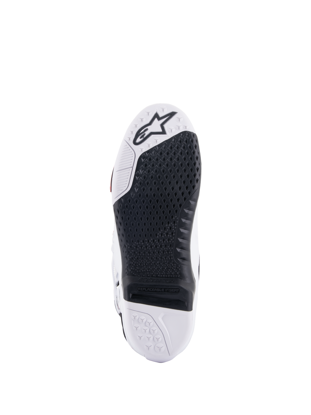 Bottes Alpinestars Tech 10, bottes de motocross, vue de dessous montrant l'insert central remplaçable noir et la semelle blanche, motif d'adhérence texturé, logo Alpinestars sur l'avant, chaussures tout-terrain durables