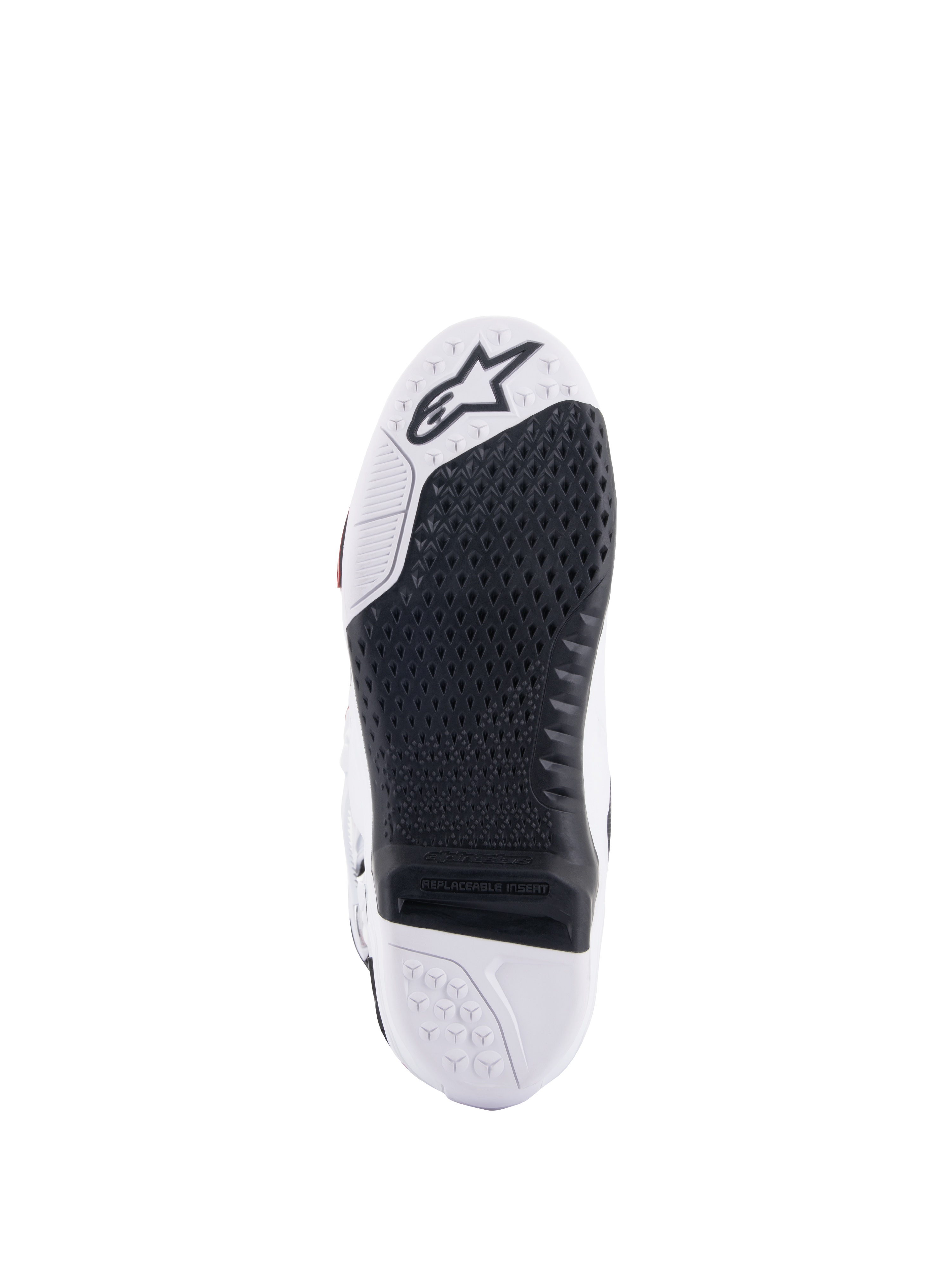 Bottes Alpinestars Tech 10, bottes de motocross, vue de dessous montrant l'insert central remplaçable noir et la semelle blanche, motif d'adhérence texturé, logo Alpinestars sur l'avant, chaussures tout-terrain durables