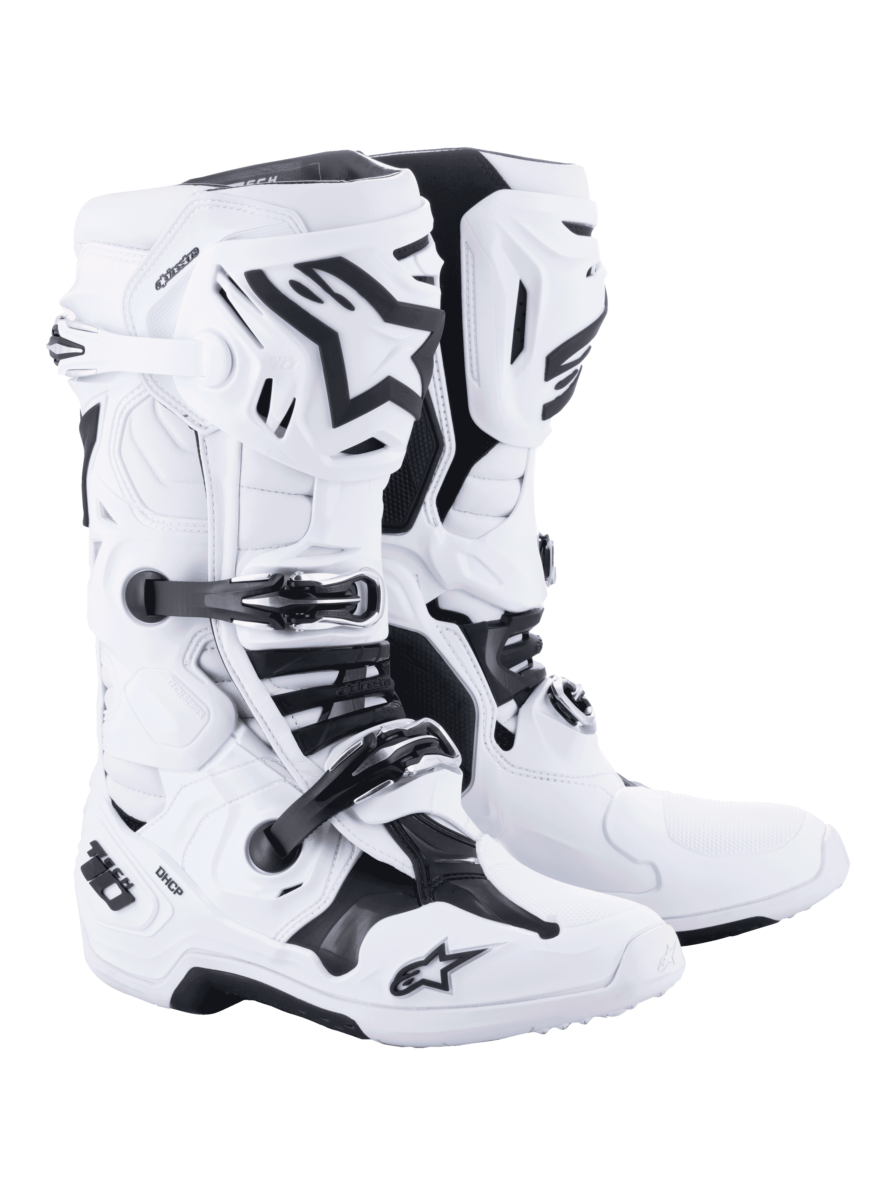 Alpinestars Tech 10 Motocross Boots, White with black accents, rugged high-cut design featuring a triple buckle closure system, TPU shell protection, and advanced flexion control, professional off-road racing footwear