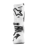 Alpinestars Tech 10 Boots, White Motocross Boots, frontal view featuring a black Astars logo on the shin plate, multiple buckle closure system, and streamlined protective design for off-road racing