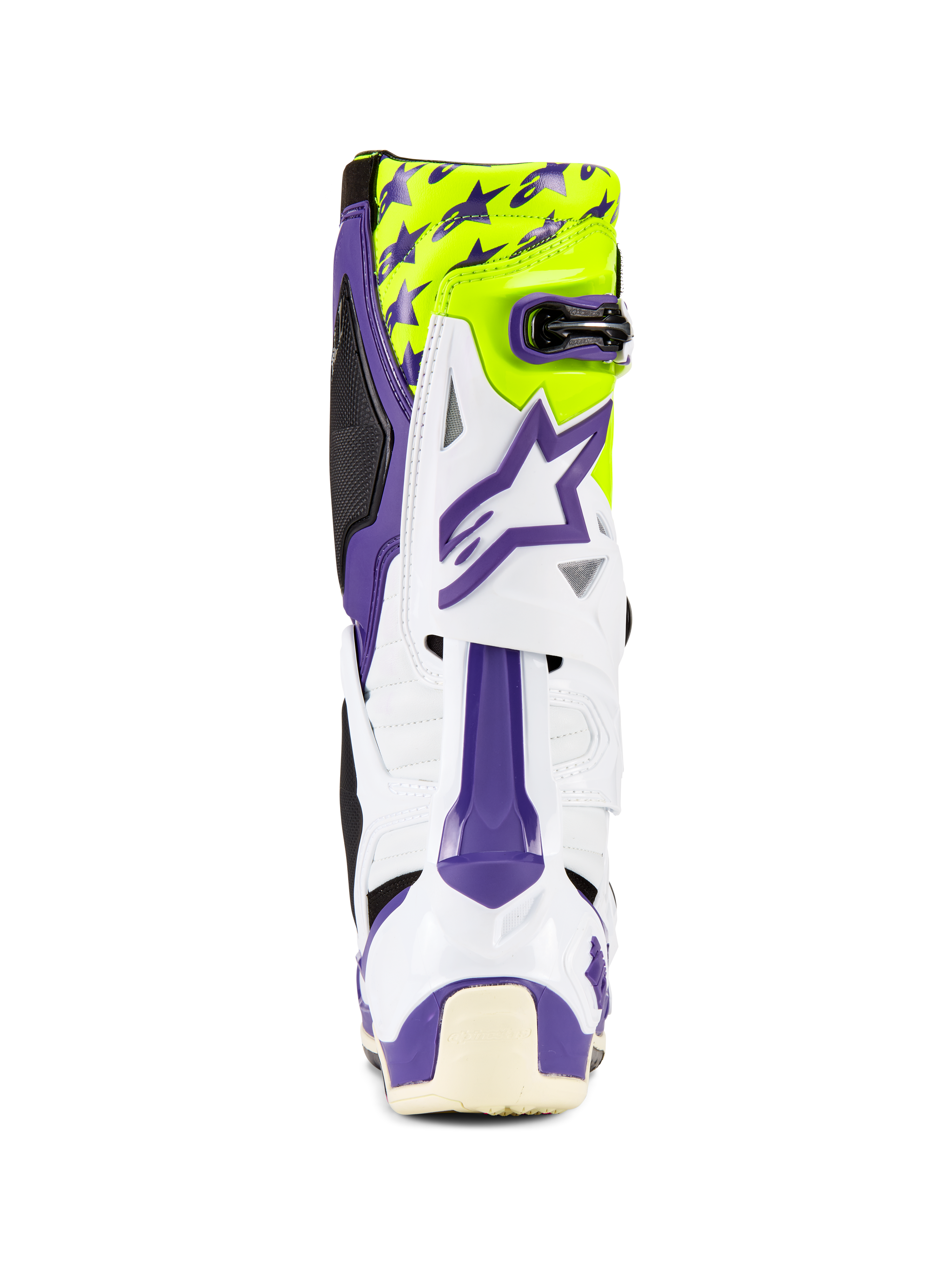 Alpinestars Tech 10 Dirt Studios® LE Boots, Motocross Boots, White Purple and Yellow Fluo, rear view, featuring purple star graphics on a fluorescent yellow background, white TPU shell with purple accents, professional off-road protective footwear