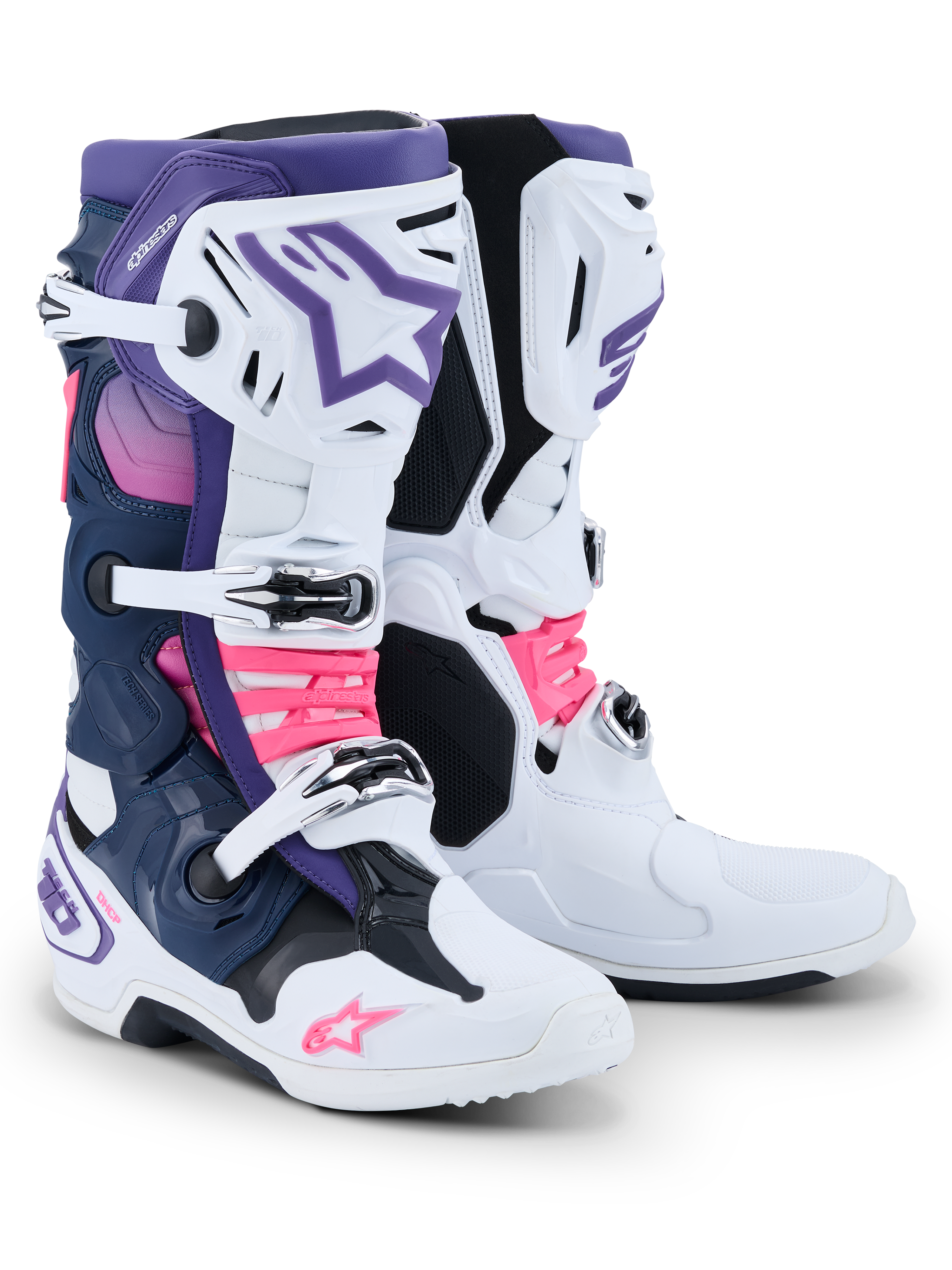Alpinestars Tech 10 Boots, Motocross Boots, White Violet Navy Blue and Pink Fluo, featuring a triple-buckle closure system, navy and purple panels, and bright pink accents on the straps and logos, professional-grade off-road racing footwear.