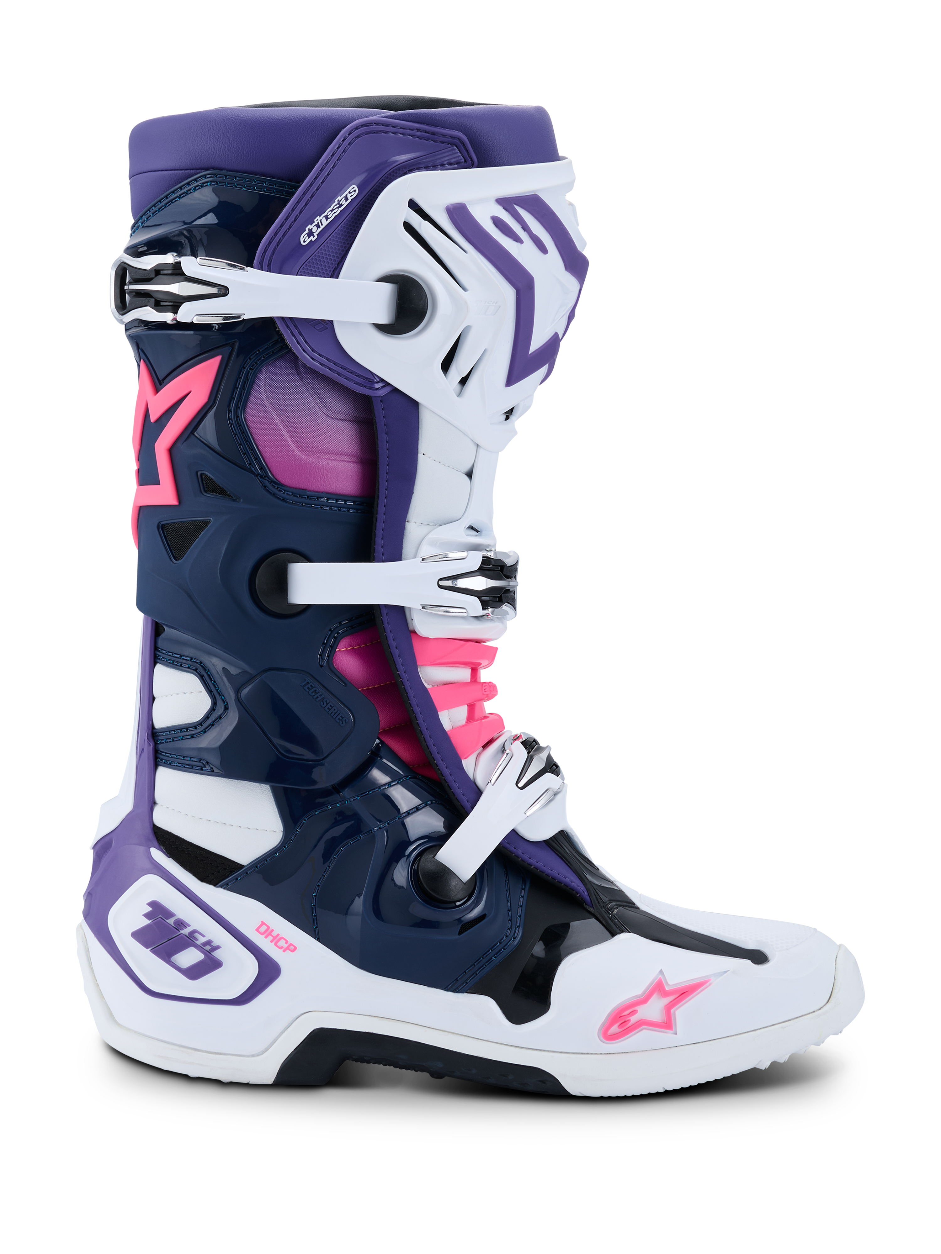 Alpinestars Tech 10 Boots, Motocross Boots, White, Violet, Navy Blue, and Pink Fluo, side view featuring triple buckle closure, protective TPU chassis, Alpinestars star logos, and DHCP branding, high-performance off-road racing footwear