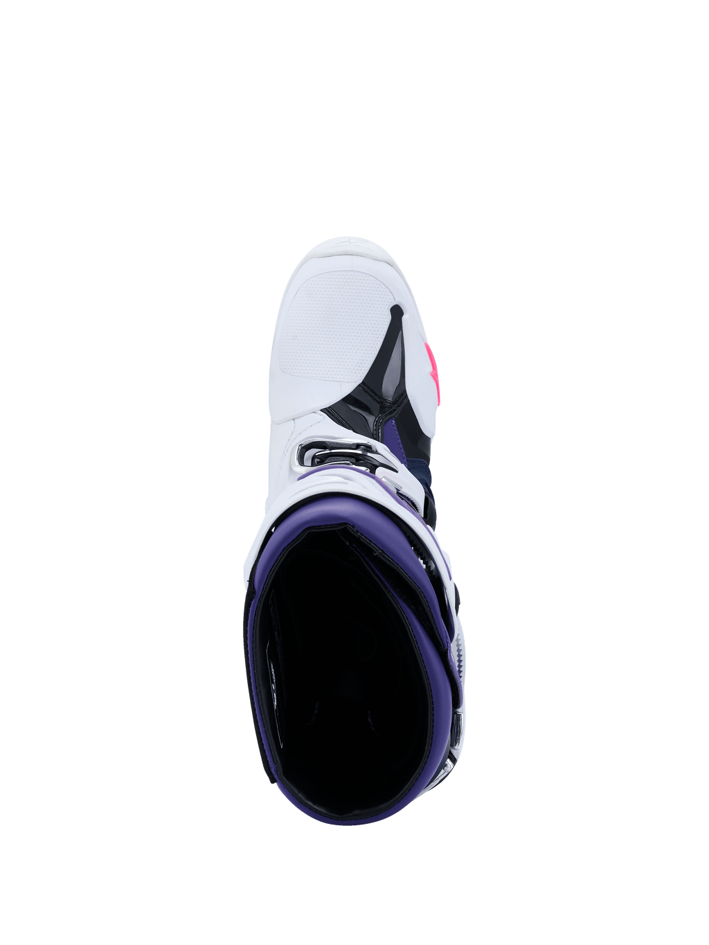 Alpinestars Tech 10 Boots, Motocross Boots, White Violet Navy Blue and Pink Fluo, top-down view looking into the purple interior, white exterior with black and pink accents, professional-grade off-road racing footwear