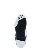 Alpinestars Tech 10 Boots, bottom sole view, White Violet Navy Blue and Pink Fluo, high-grip black rubber tread with replaceable central insert, white toe and heel with star logo, professional motocross footwear
