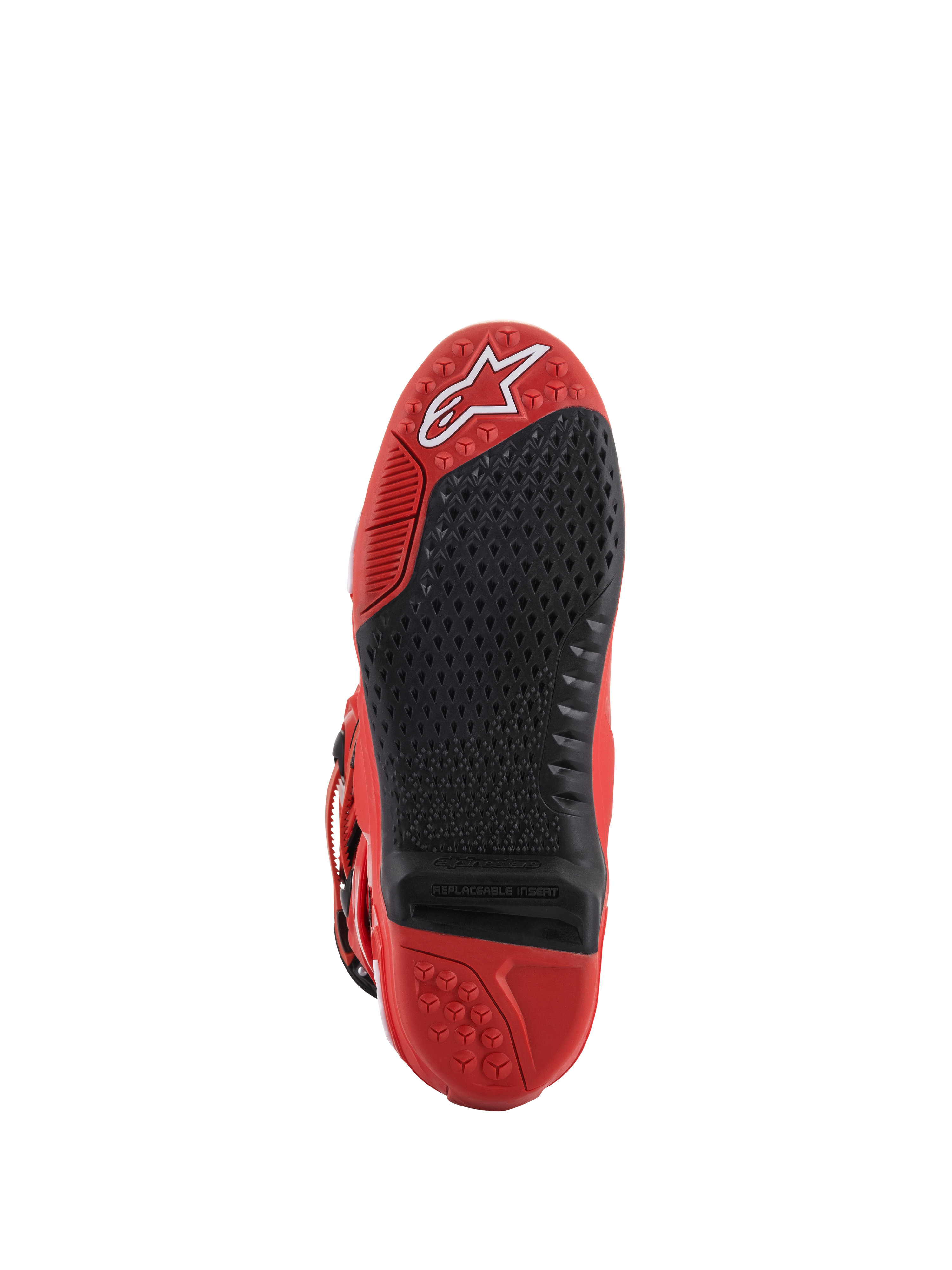 Alpinestars Tech 10 Boots, Red, Sole View, featuring a black replaceable central insert with micro-grip texture, white Alpinestars logo on the toe, durable rubber construction for motocross racing