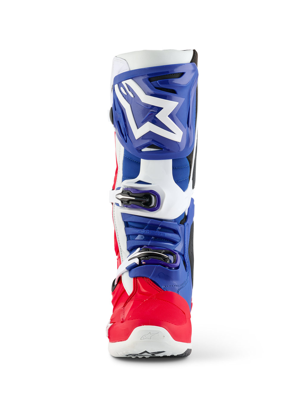 Botte Alpinestars Tech 10 Fortitude Édition Limitée, botte de motocross, rouge vif, blanc et bleu, vue de face avec un grand logo d'étoile blanche sur un protège-tibia bleu, système de fermeture à triple boucle et coque de pied rouge éclatante, conçue pour des performances tout-terrain d'élite.