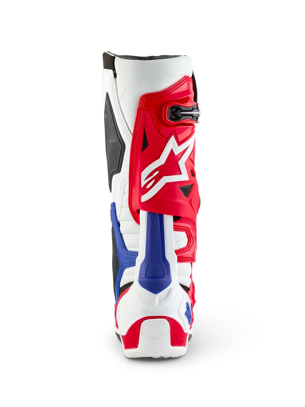 Bottes Alpinestars Limited Edition Fortitude Tech 10, vue arrière, coloris patriotique rouge, blanc et bleu, avec une tige rouge, un logo étoile blanc et une protection de talon bleue, chaussures de motocross haute performance
