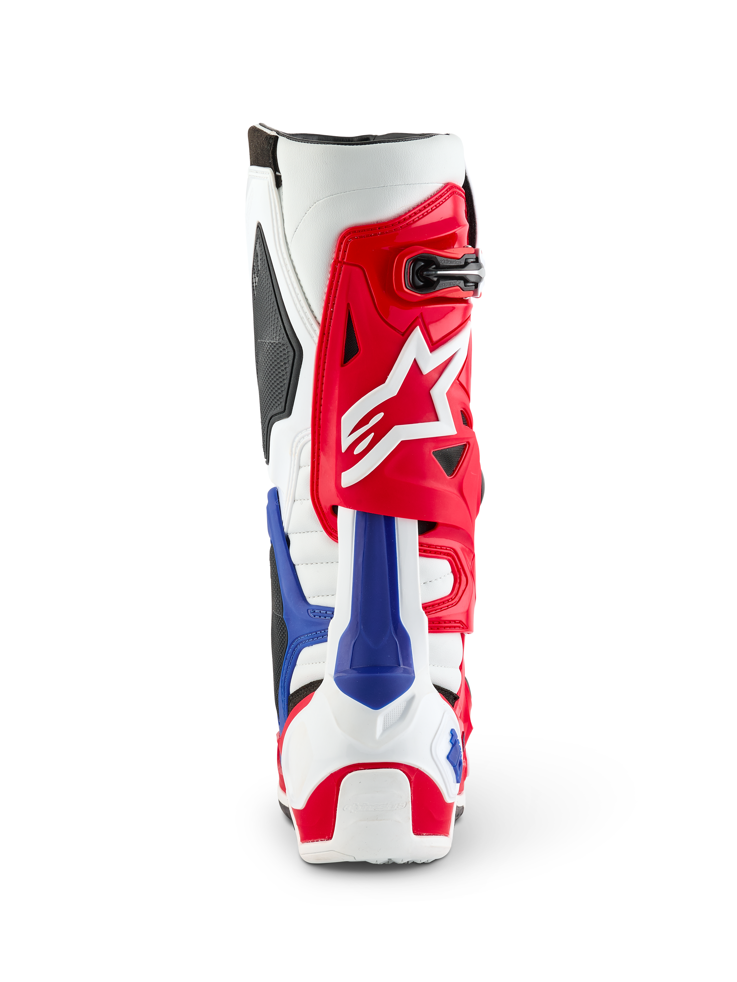 Bottes Alpinestars Limited Edition Fortitude Tech 10, vue arrière, coloris patriotique rouge, blanc et bleu, avec une tige rouge, un logo étoile blanc et une protection de talon bleue, chaussures de motocross haute performance